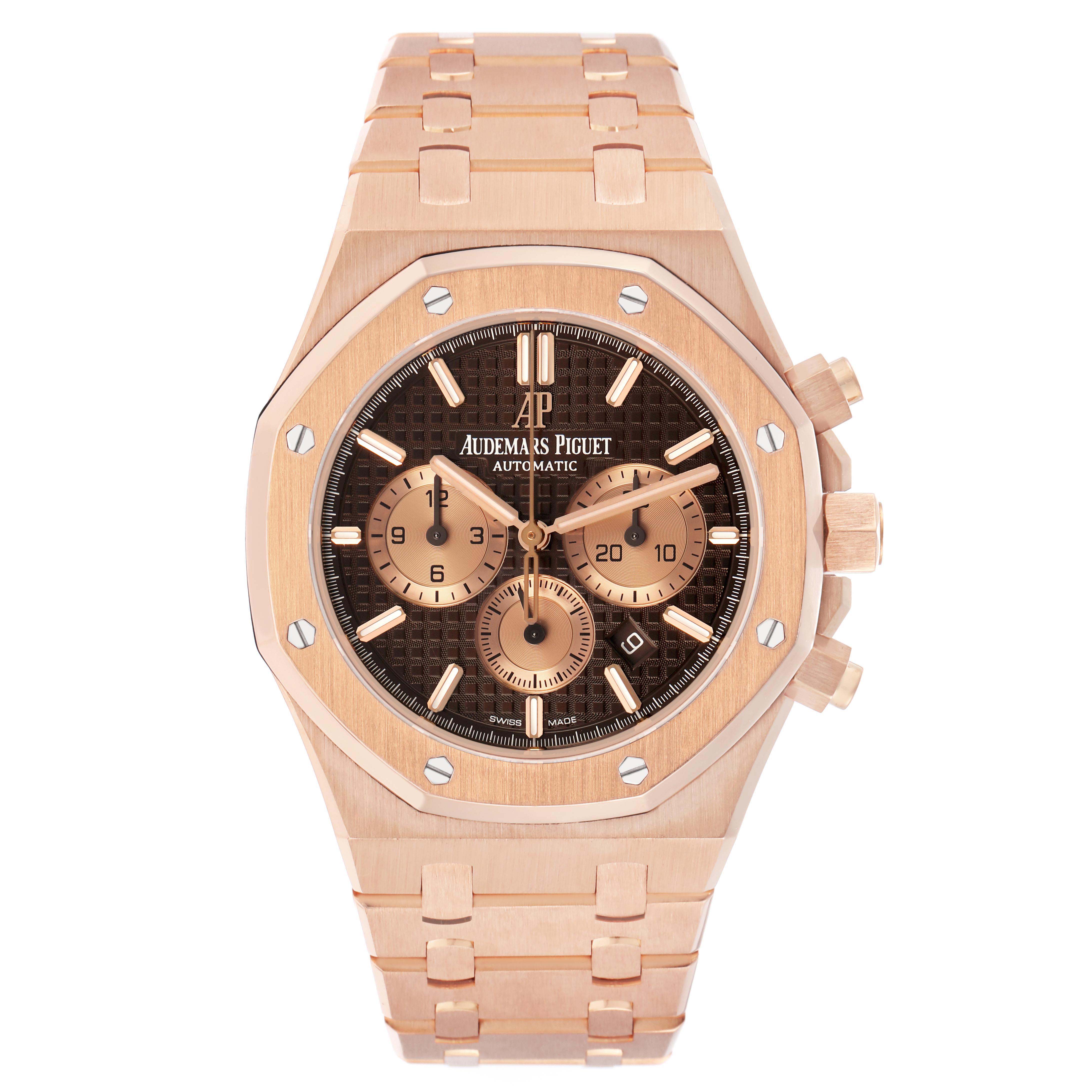 The Audemars Piguet Royal Oak 26331OR Men's Rose Gold Brown Dial is shown from a top-down angle displaying its octagonal bezel, dial, sub-dials, and linked bracelet.