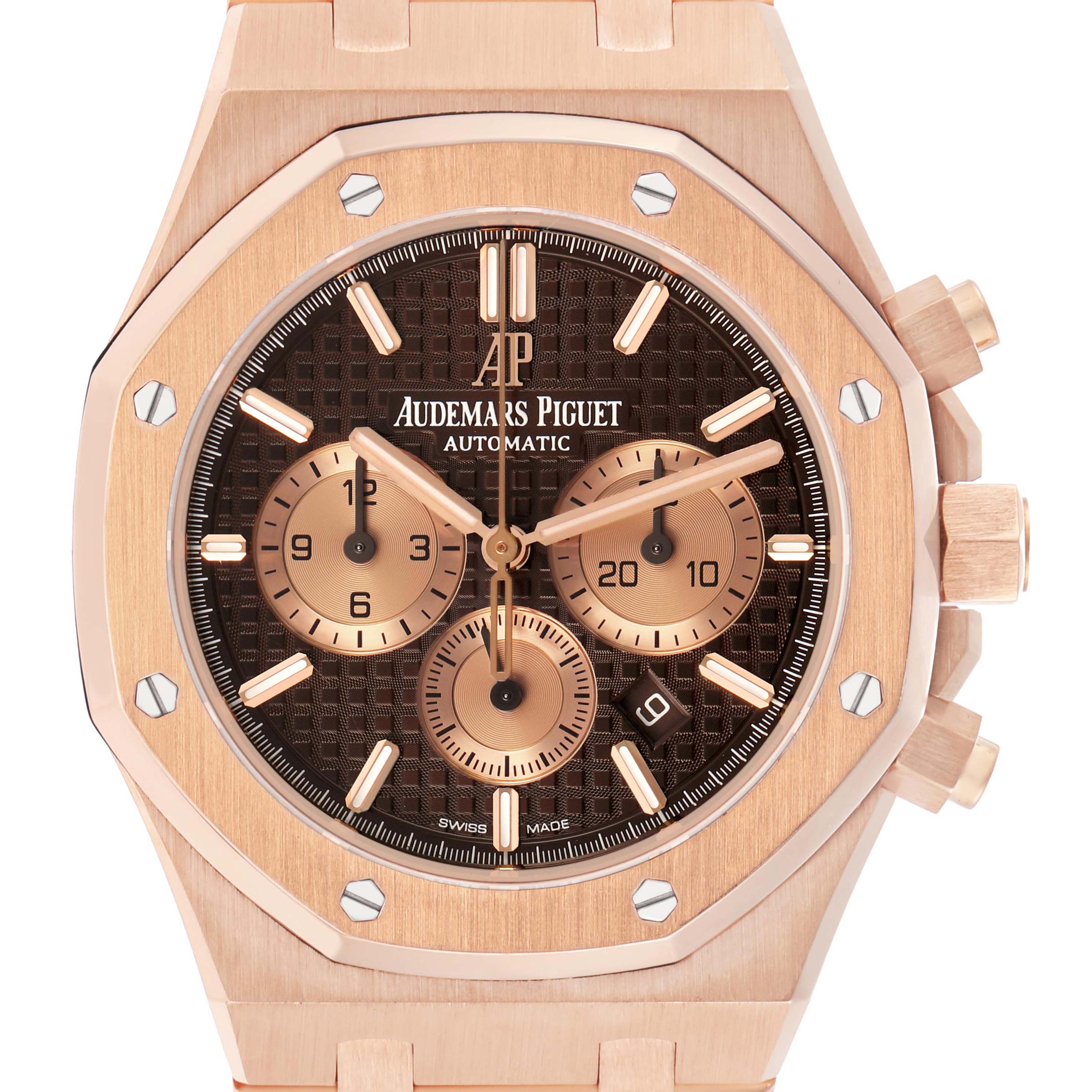 The Audemars Piguet Royal Oak 26331OR Men's Rose Gold Brown Dial is shown head-on, highlighting its octagonal bezel, dial, subdials, and crown.