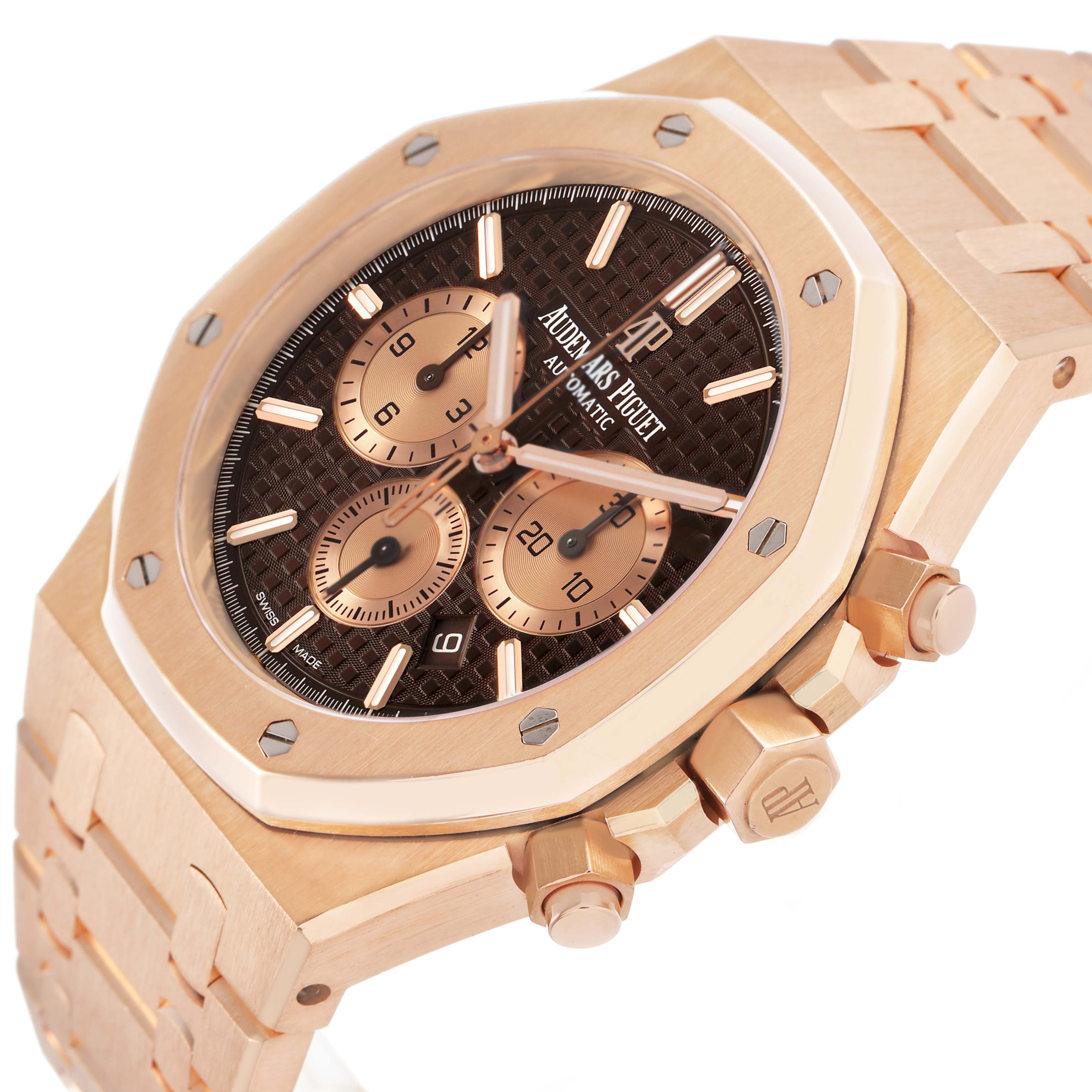 The Royal Oak by Audemars Piguet is shown from a slight side angle, highlighting the bezel, dial, subdials, and pushers.