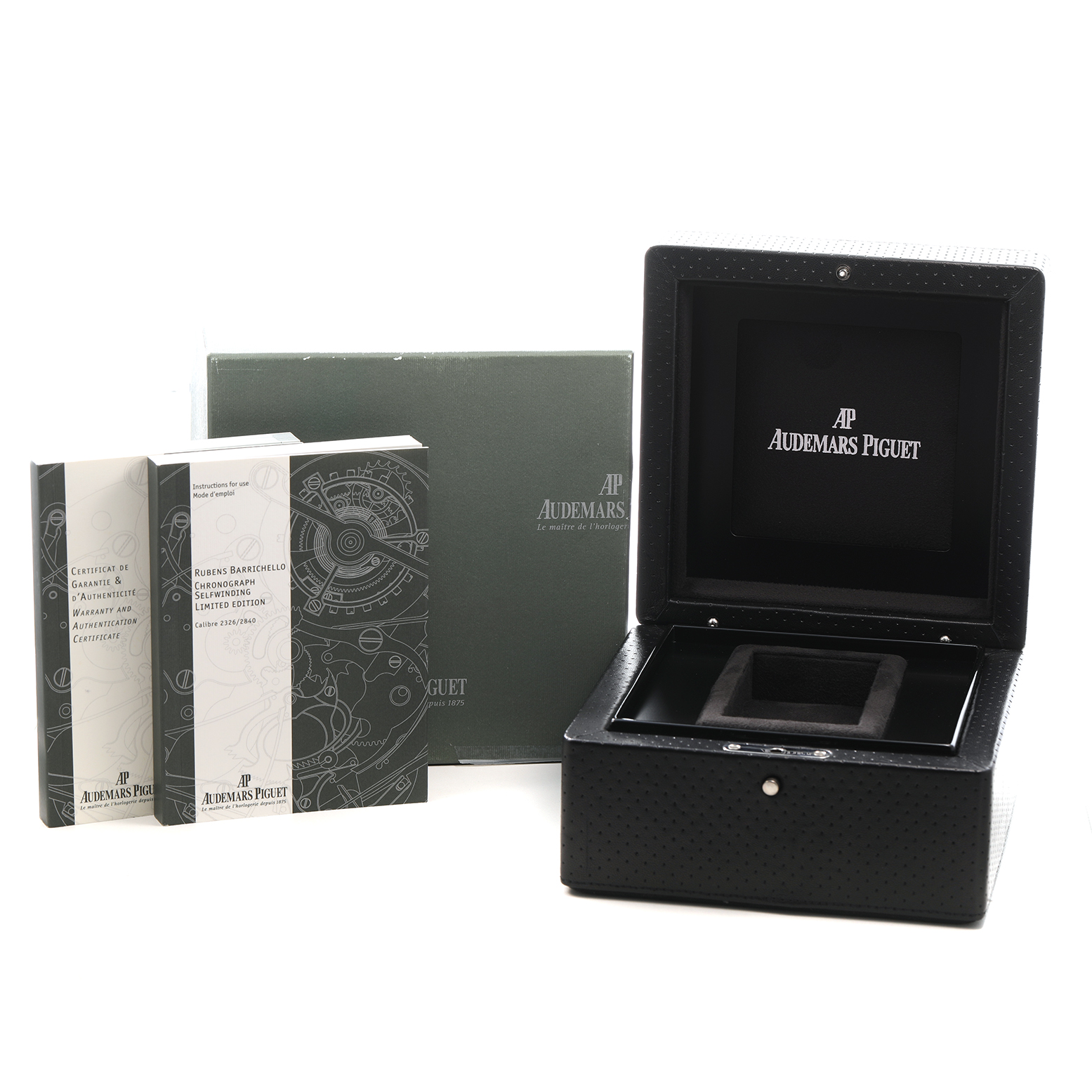 The image shows a watch box and documents for an Audemars Piguet Royal Oak Offshore 26284RO.OO.D002CR.01 Mens Rose Gold Red Dial.