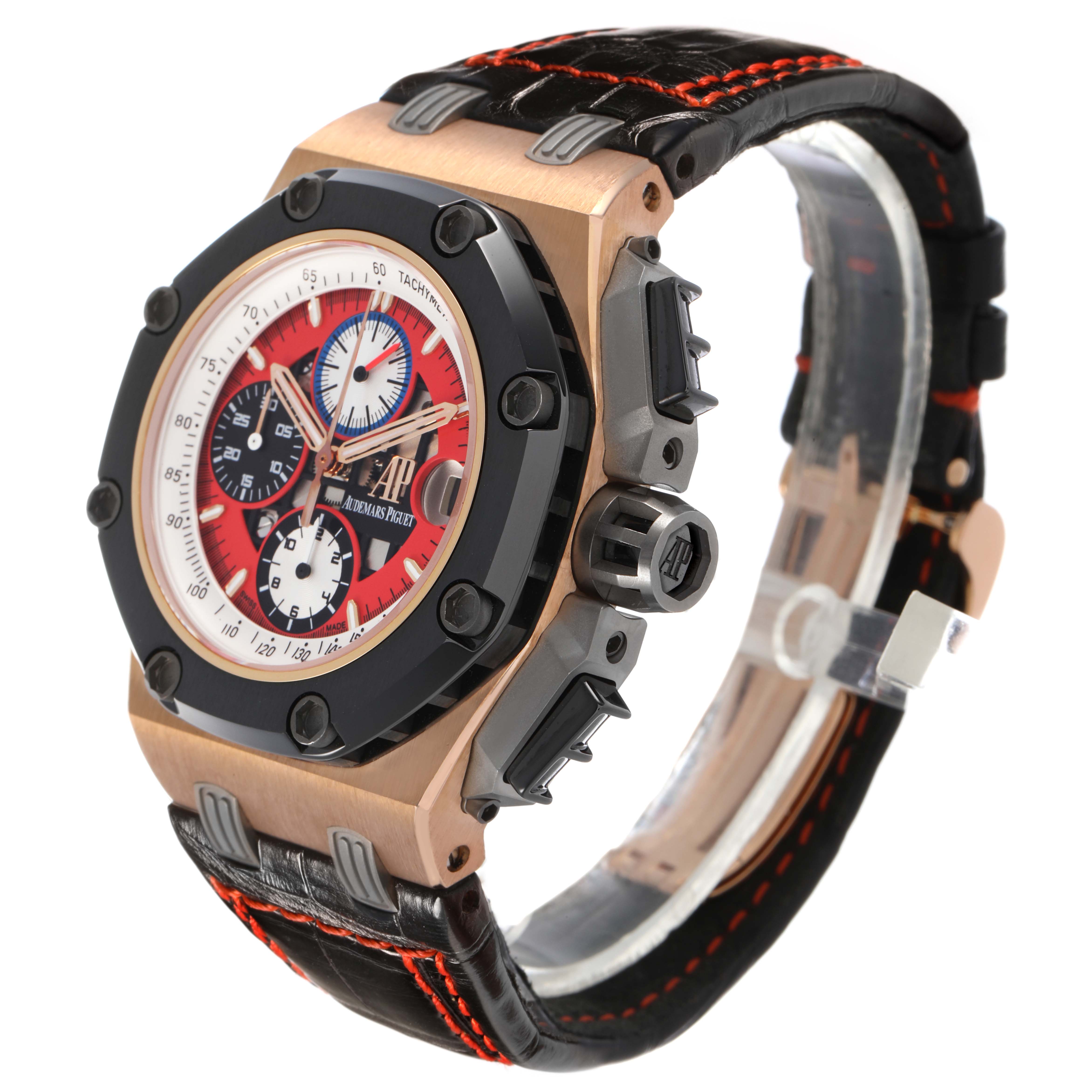 The Royal Oak Offshore by Audemars Piguet is shown from a three-quarter angle, highlighting the case, dial, bezel, and strap.