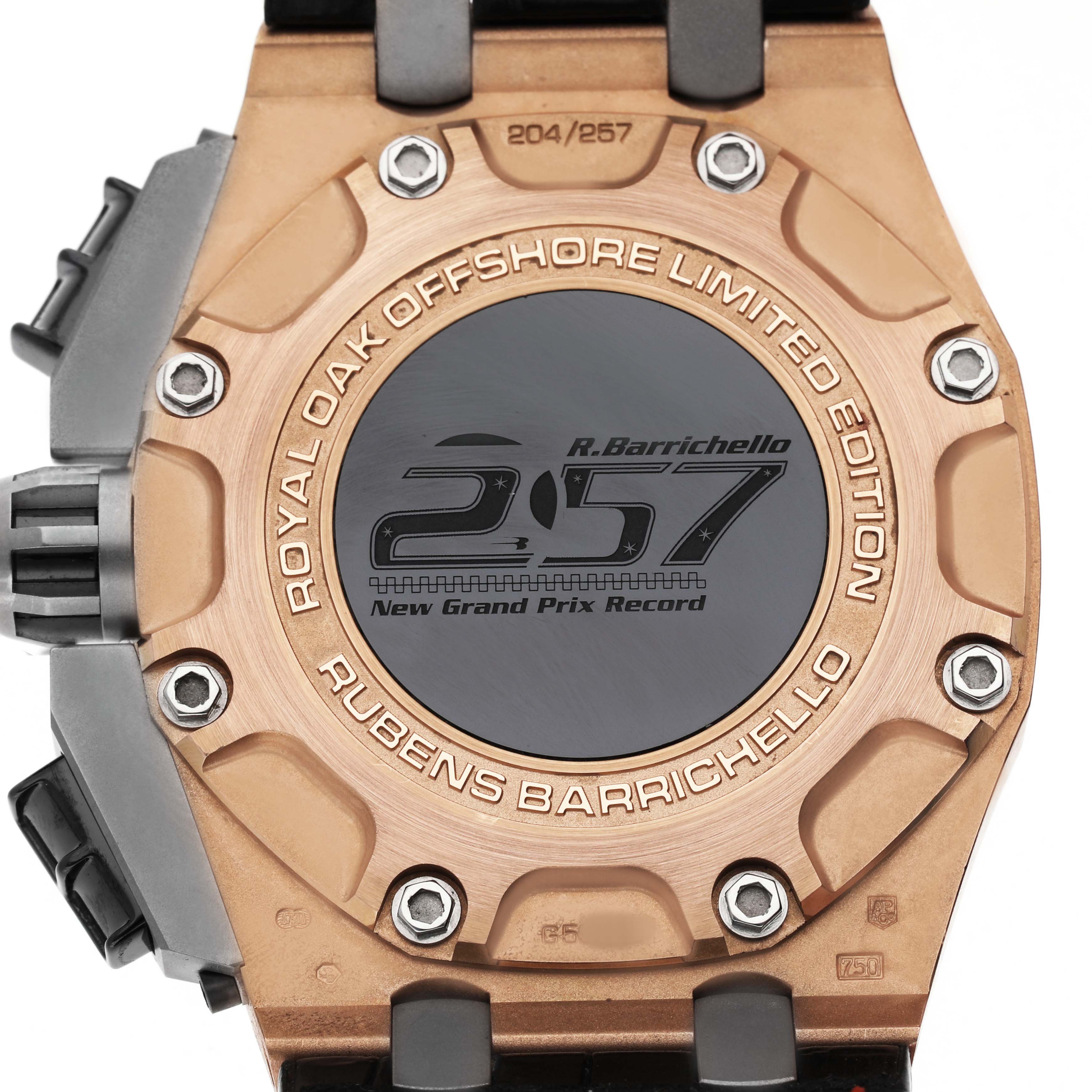 This image shows the case back of the Audemars Piguet Royal Oak Offshore 26284RO.OO.D002CR.01 Men's Rose Gold Red Dial, highlighting its limited edition engraving and detail.