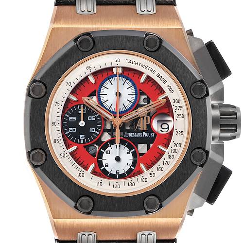 The image shows the front view of an Audemars Piguet Royal Oak Offshore 26284RO.OO.D002CR.01 Men's Rose Gold Red Dial watch, highlighting the dial, bezel, and crown.