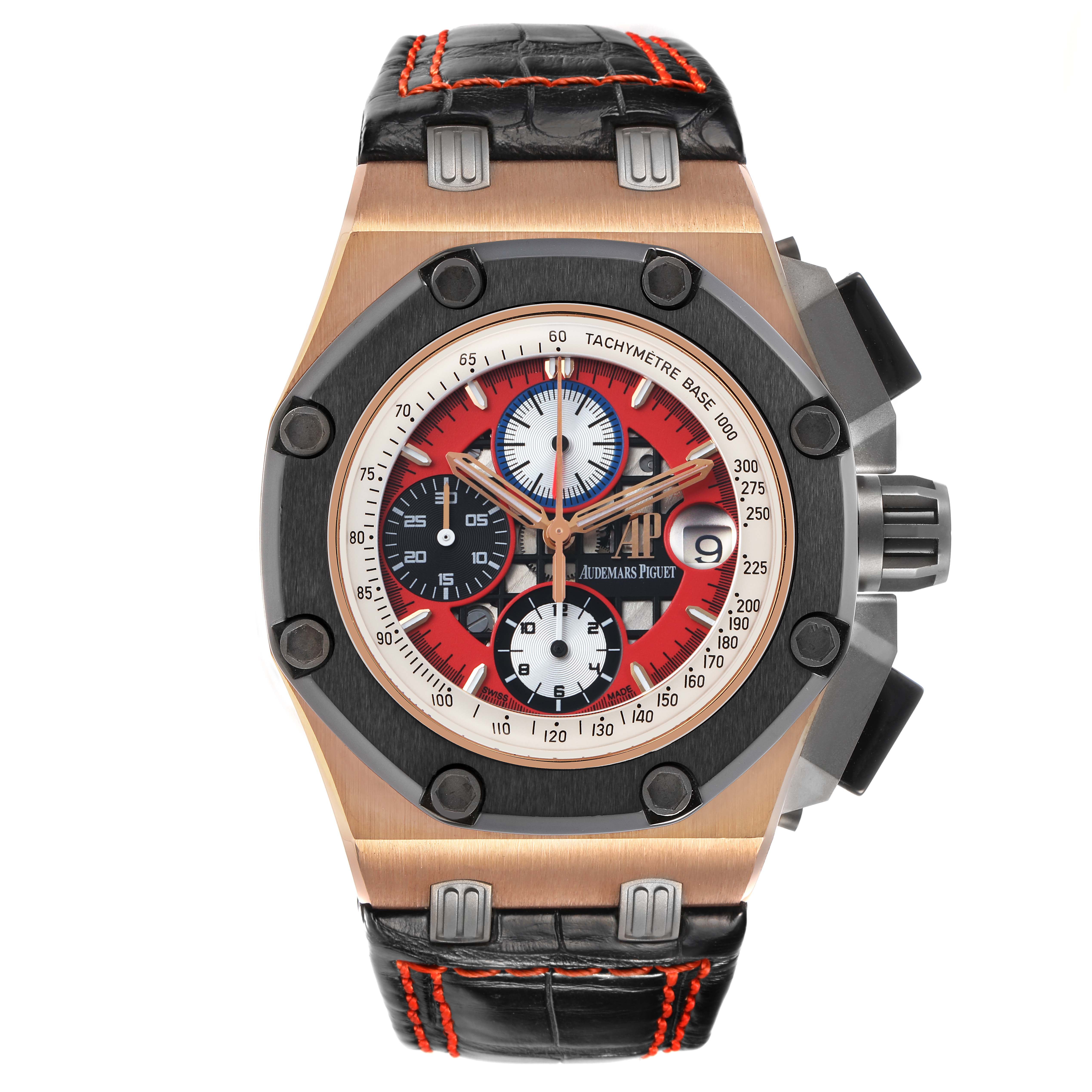 The Audemars Piguet Royal Oak Offshore 26284RO.OO.D002CR.01 Men's Rose Gold Red Dial watch is shown from the front, highlighting the bezel, subdials, crown, and strap.
