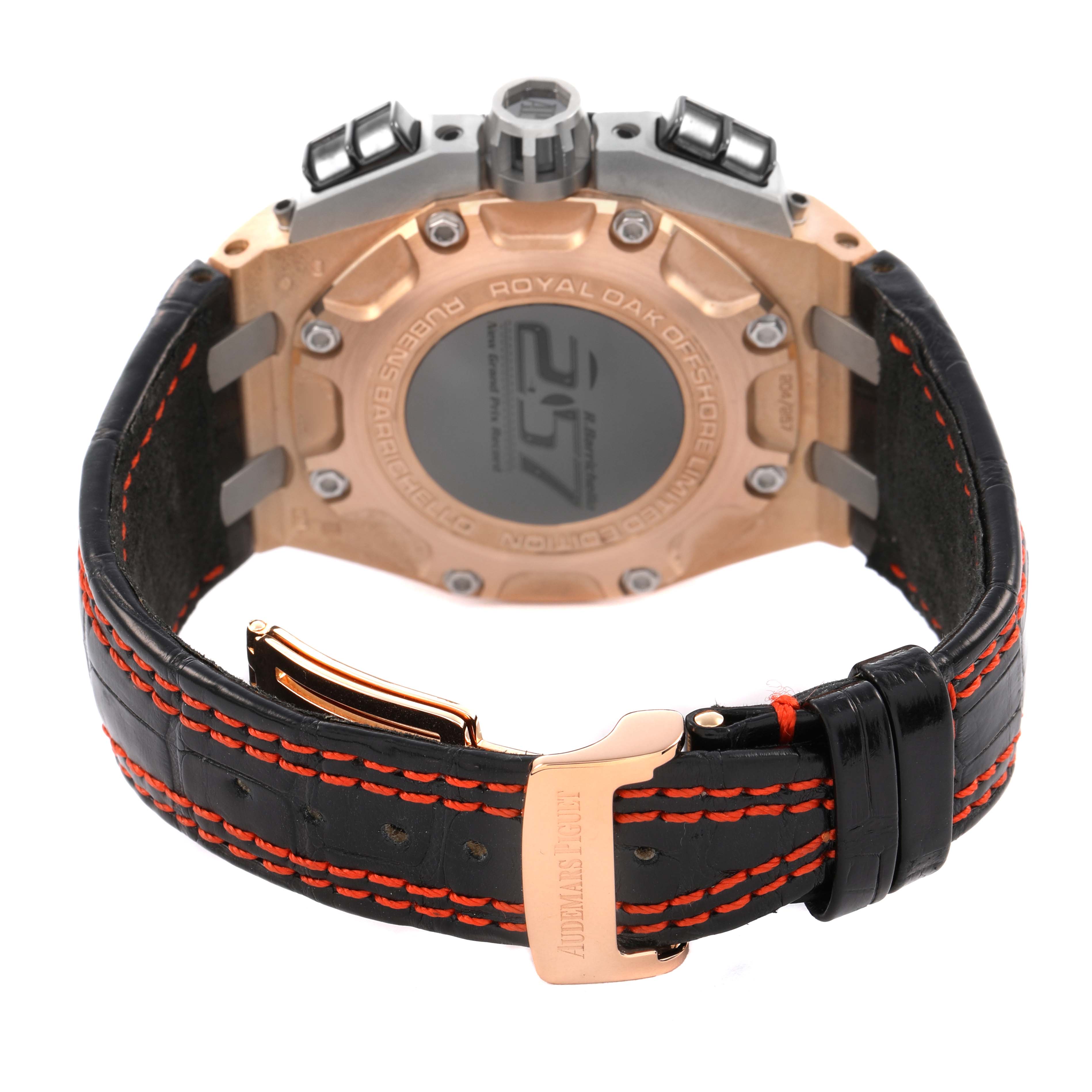 The image shows the back and clasp of an Audemars Piguet Royal Oak Offshore 26284RO.OO.D002CR.01 Men's Rose Gold Red Dial watch, highlighting the strap and case back.