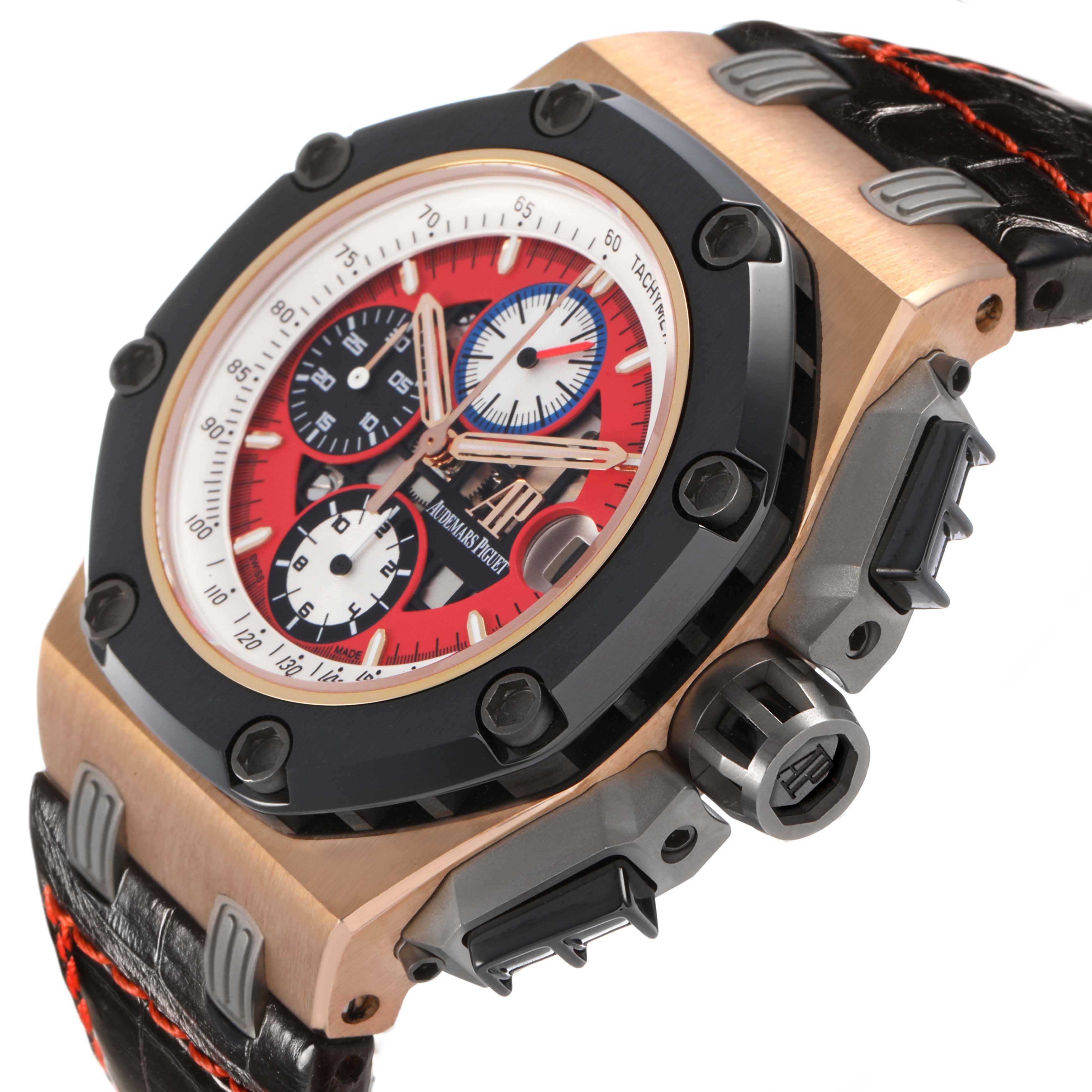 The Audemars Piguet Royal Oak Offshore 26284RO.OO.D002CR.01 Men's Rose Gold Red Dial watch is shown at a slight angle, highlighting the dial, bezel, and crown.