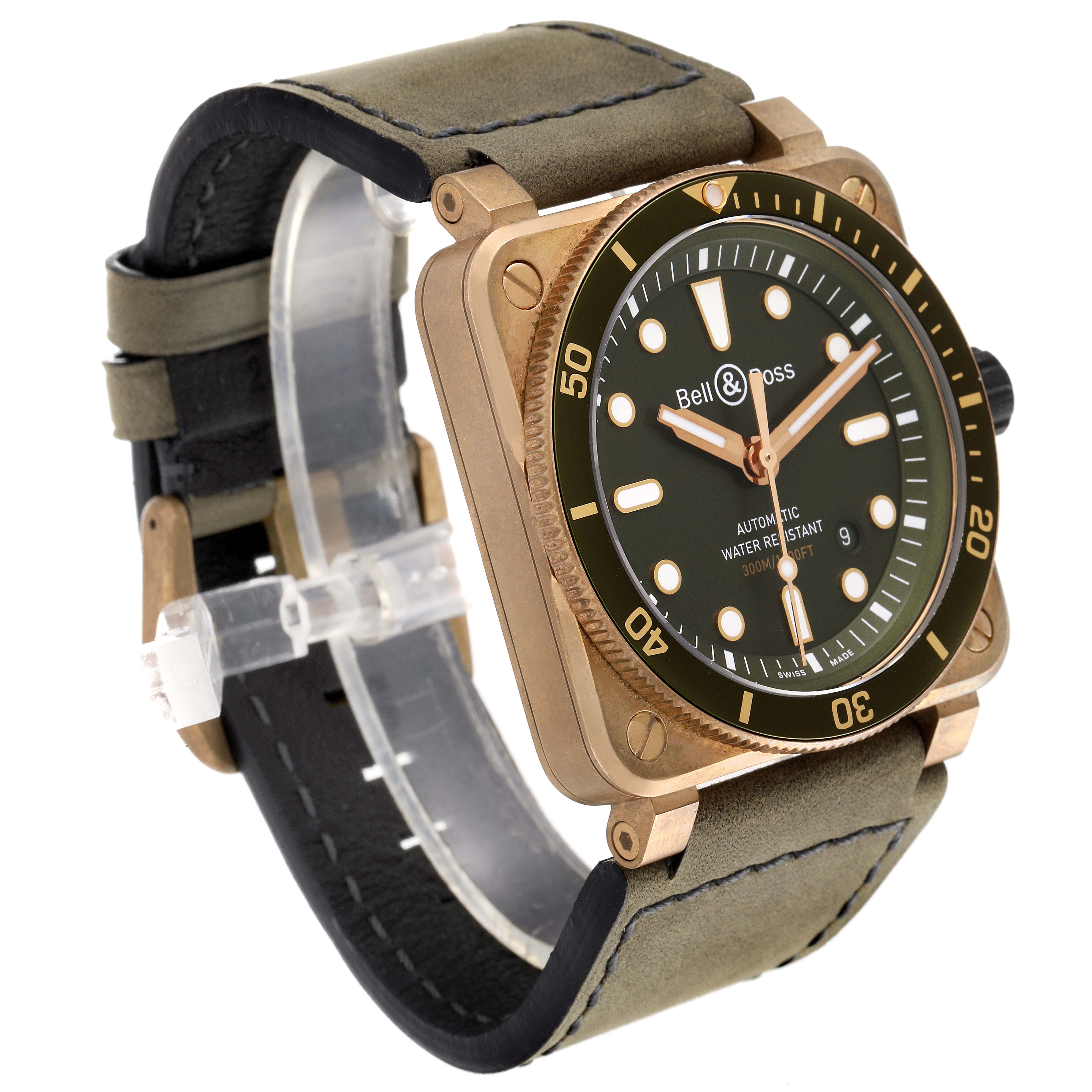 The image shows a Bell & Ross Diver model watch from a front-side angle, displaying the face, bezel, and strap.