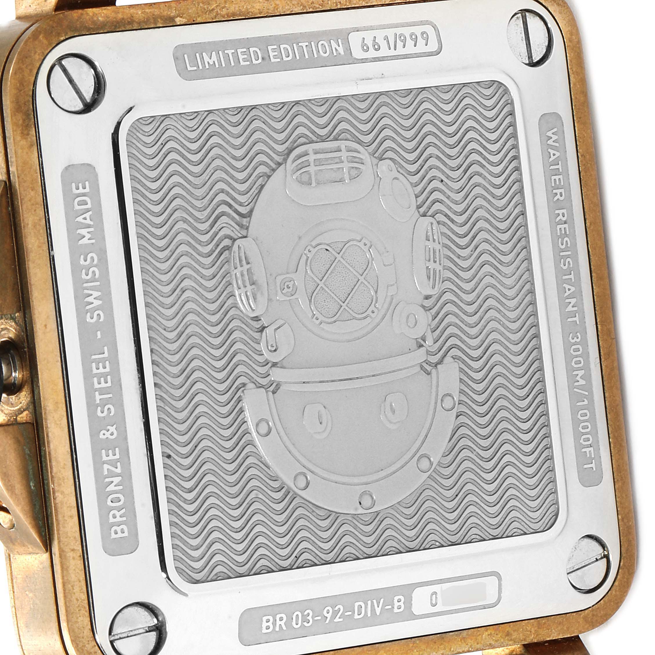 The image shows the back side of the Bell & Ross BR 03-92 Diver watch, highlighting its limited edition number and water resistance.