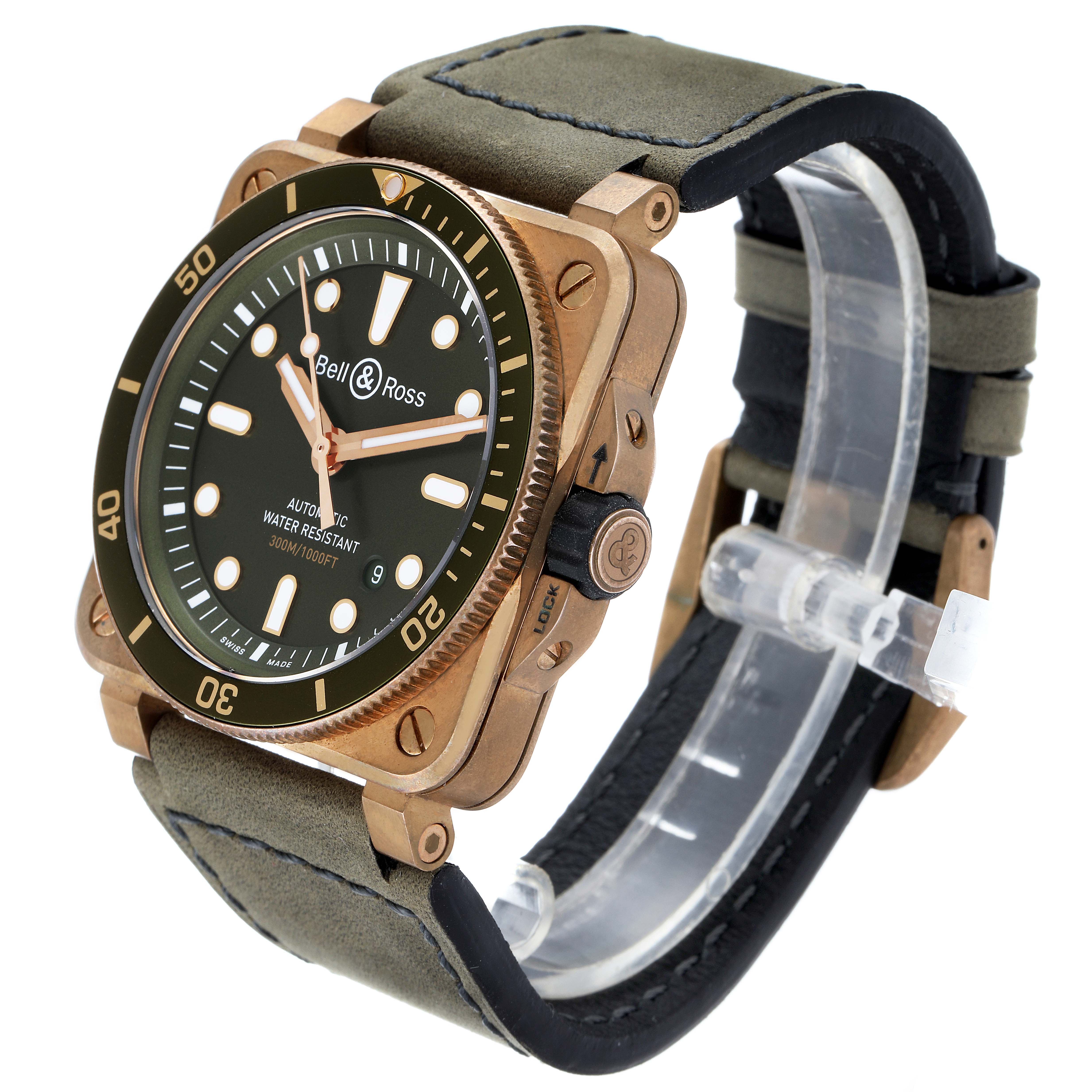 The image shows a Bell & Ross Diver model watch at a three-quarter angle, highlighting the face, bezel, and strap.