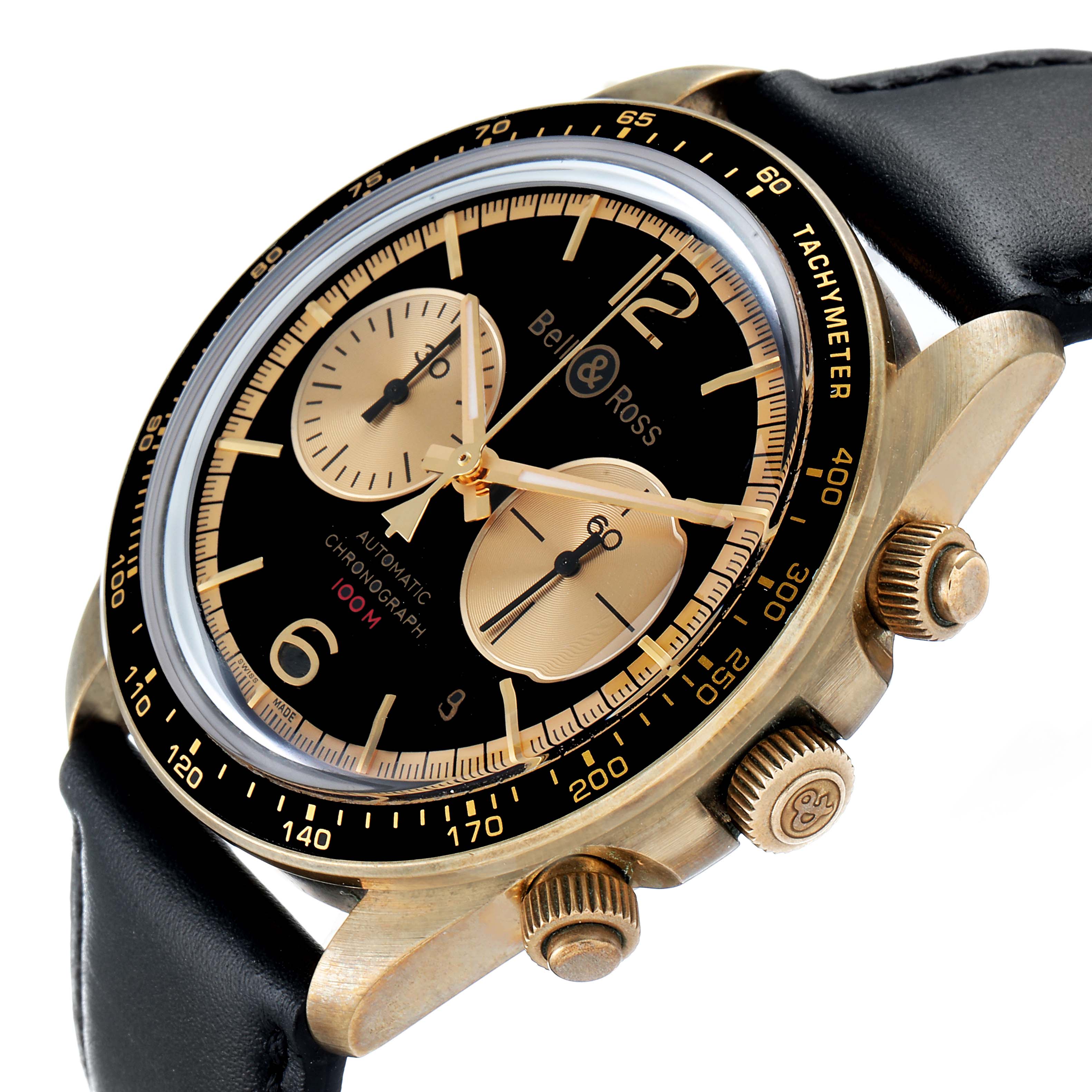 This image shows a Bell 
Ross Chronograph watch at an angled view of the dial, bezel, and crown side.
