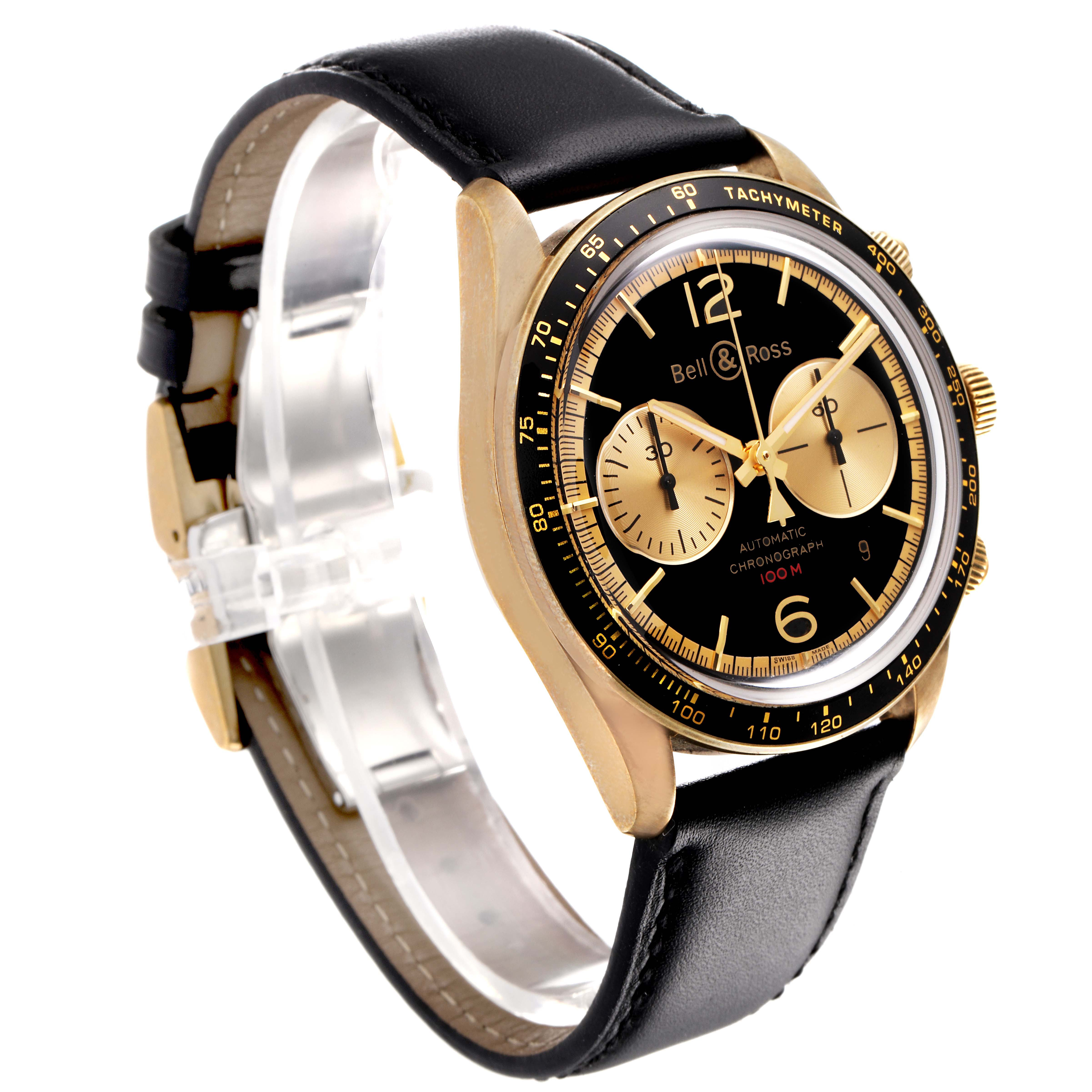 The image shows a Bell 
Ross Chronograph watch at a three-quarter angle, highlighting the dial, tachymeter bezel, and black leather strap.