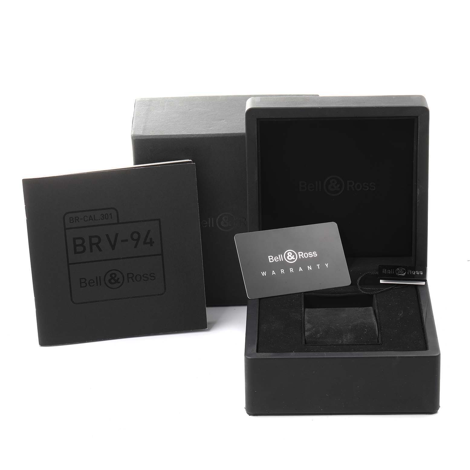 The image shows a Bell 
Ross BRV-94 Chronograph model watch packaging, warranty card, and user manual.