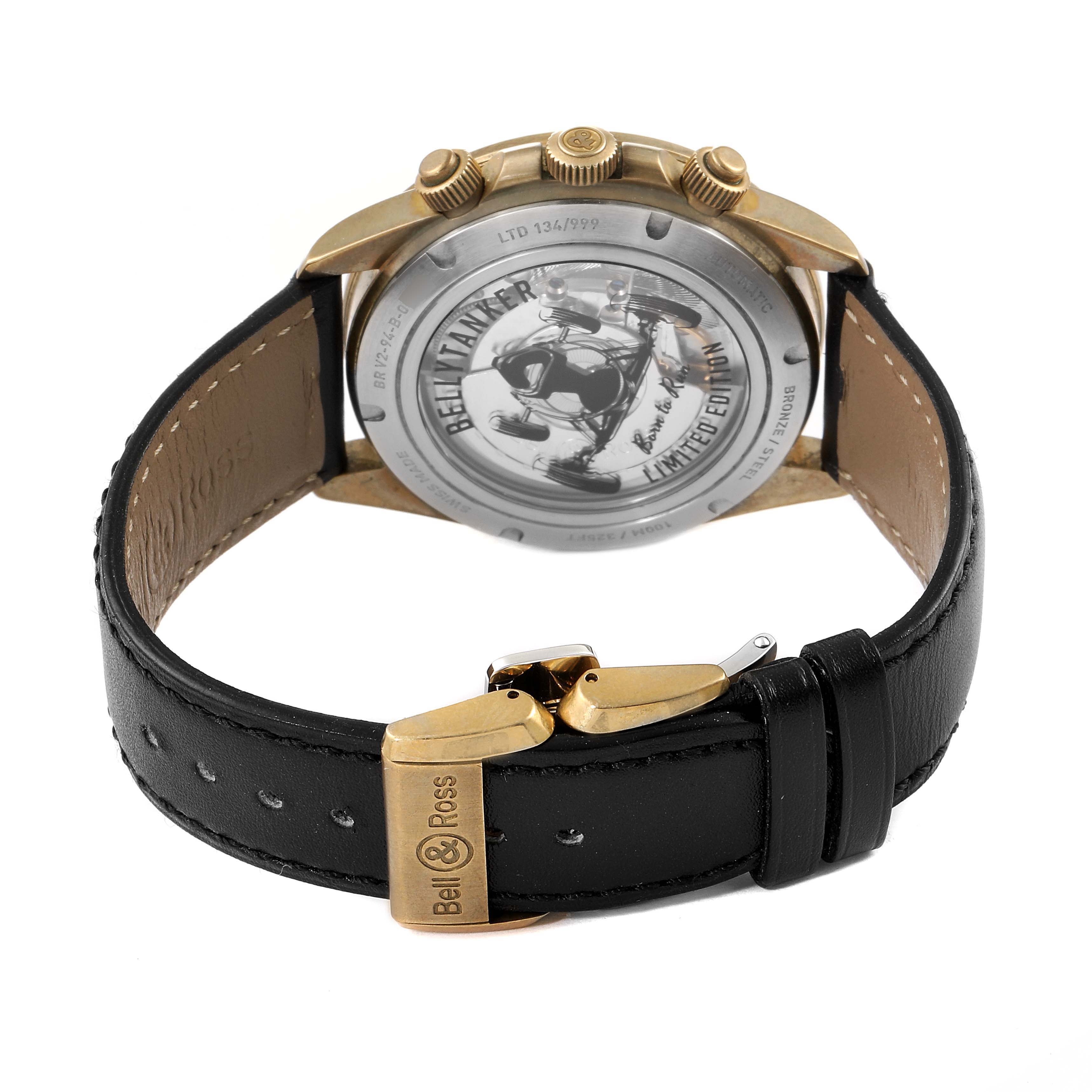 The image shows the back view of the Bell 
Ross Chronograph watch, highlighting its case back and black leather strap with the branded buckle.