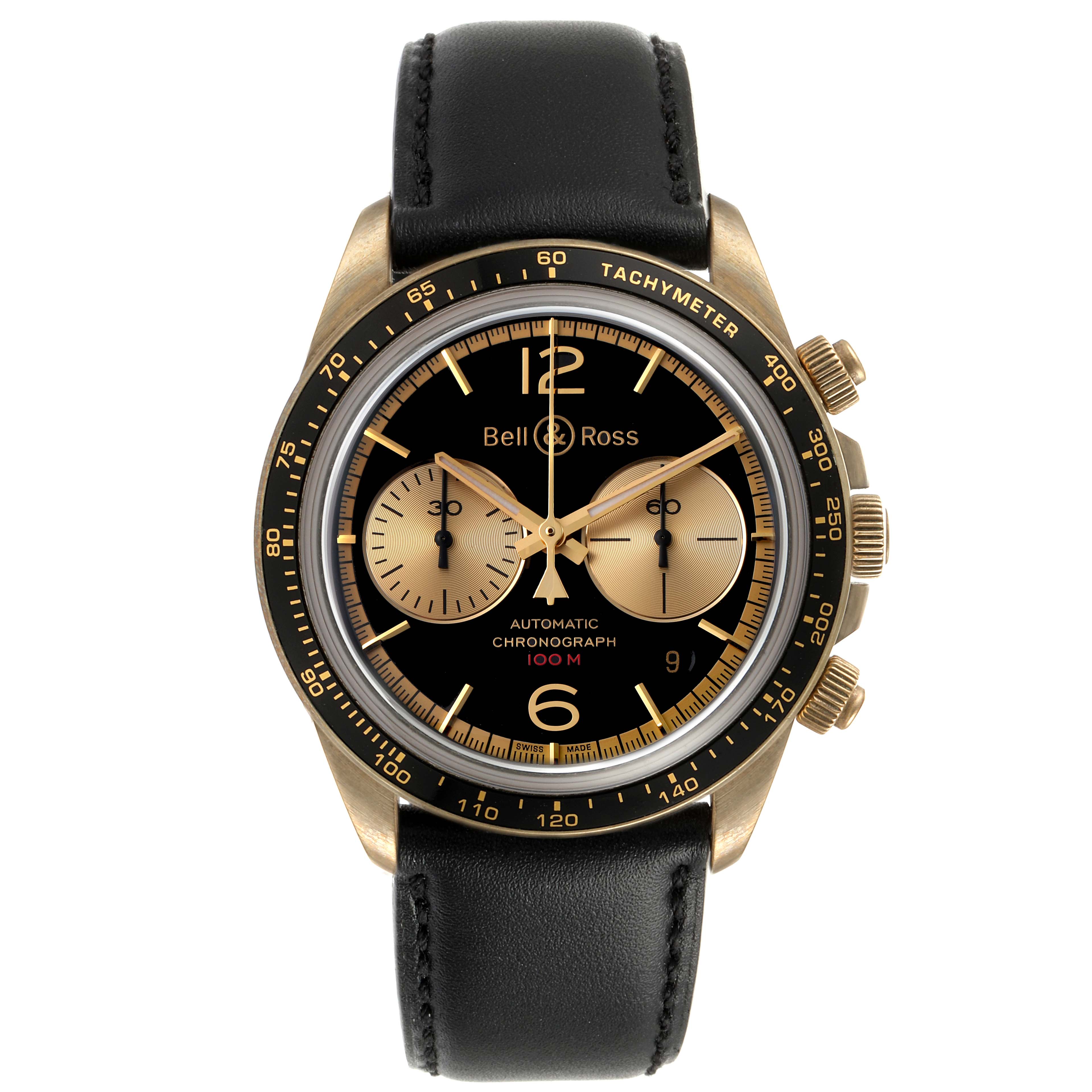 The image shows a front view of a Bell 
Ross Chronograph watch, featuring its dial, sub-dials, tachymeter bezel, and black leather strap.