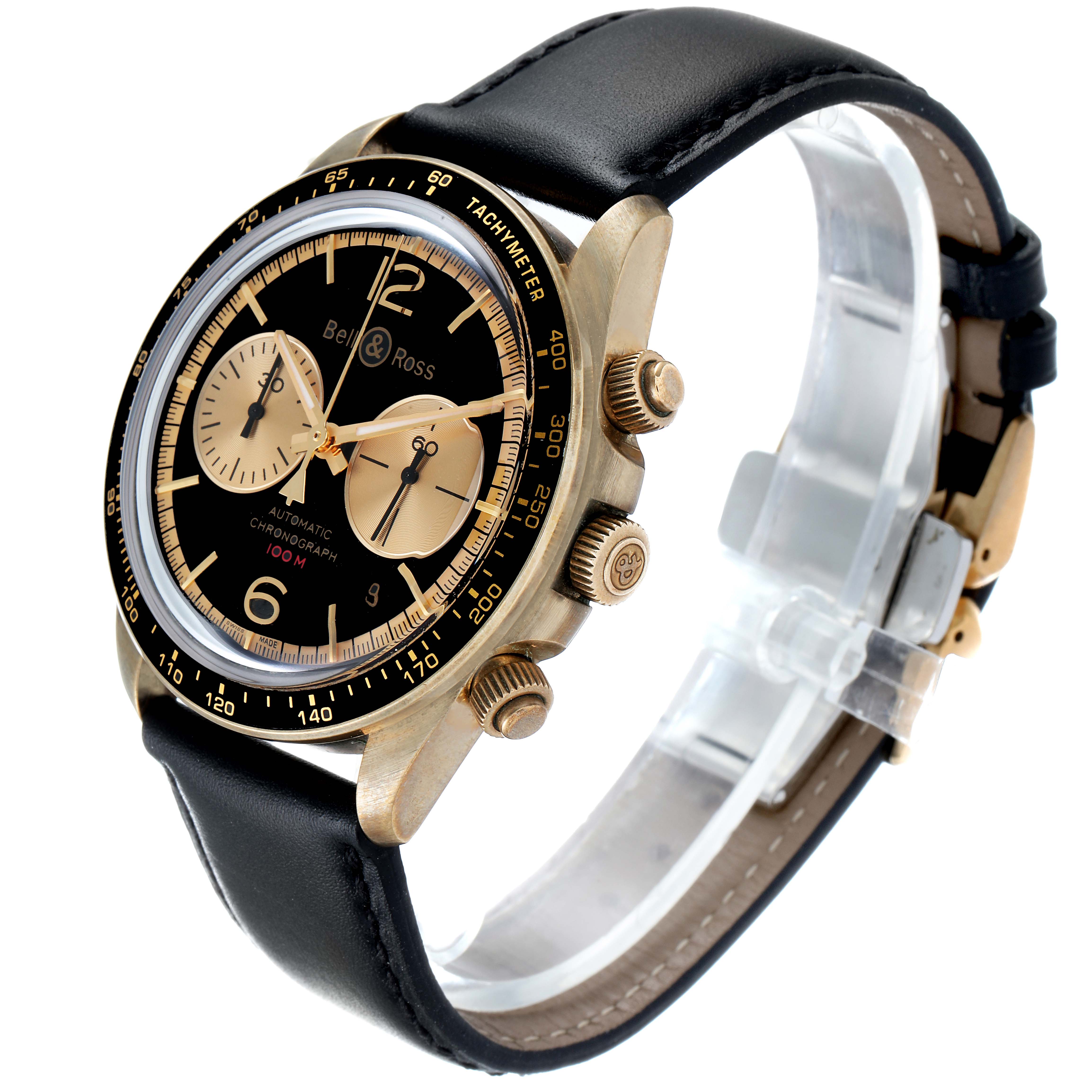 The Bell 
Ross Chronograph watch is shown at a slight angle, displaying its face, side buttons, and leather strap.