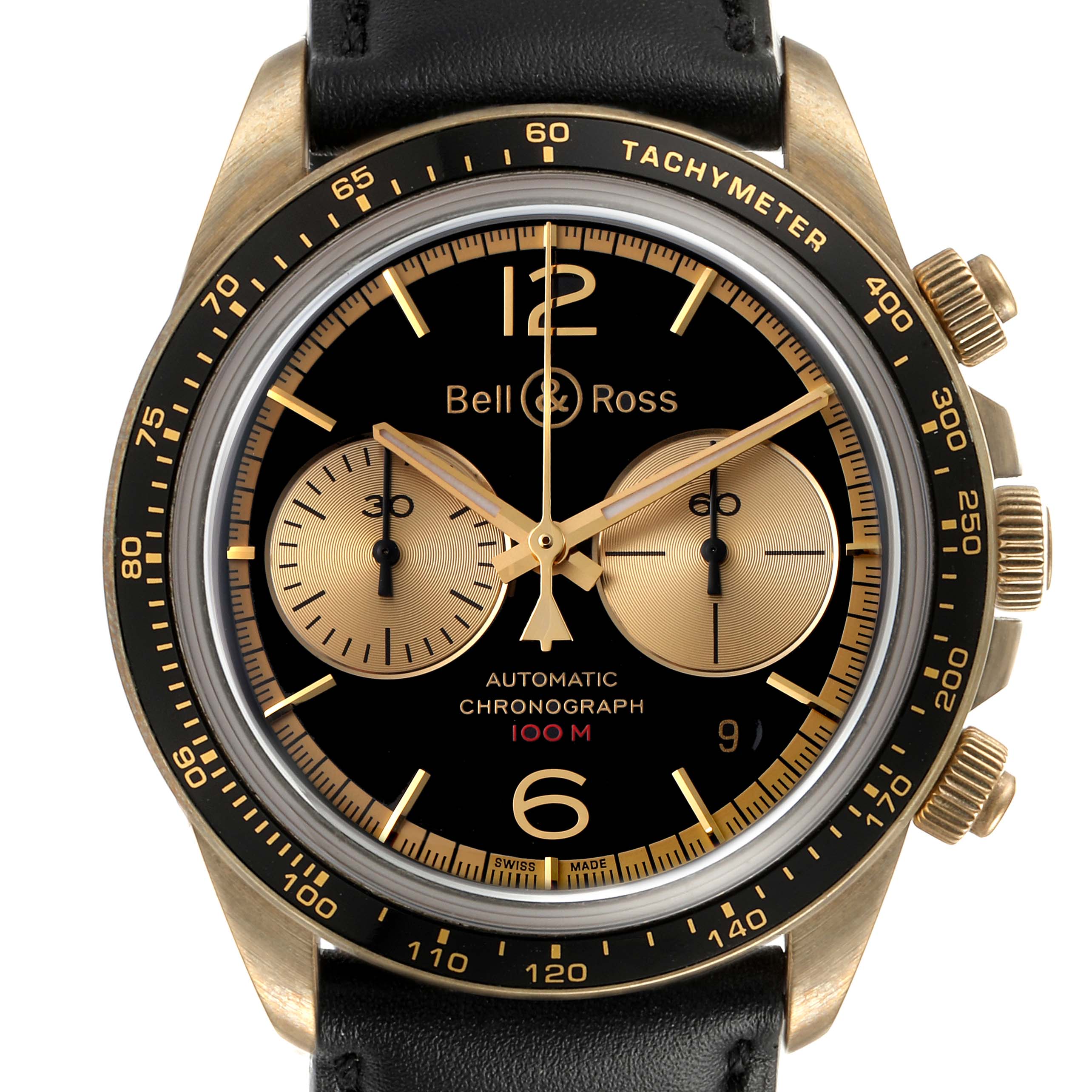 The image shows a front view of the Bell 
Ross Heritage BRV294-BC-BR/SCA Men
s Bronze Black Dial BRV294-BC-BR/SCA Men
s Bronze Black Dial model watch, highlighting its dial, bezel, and chronograph subdials.