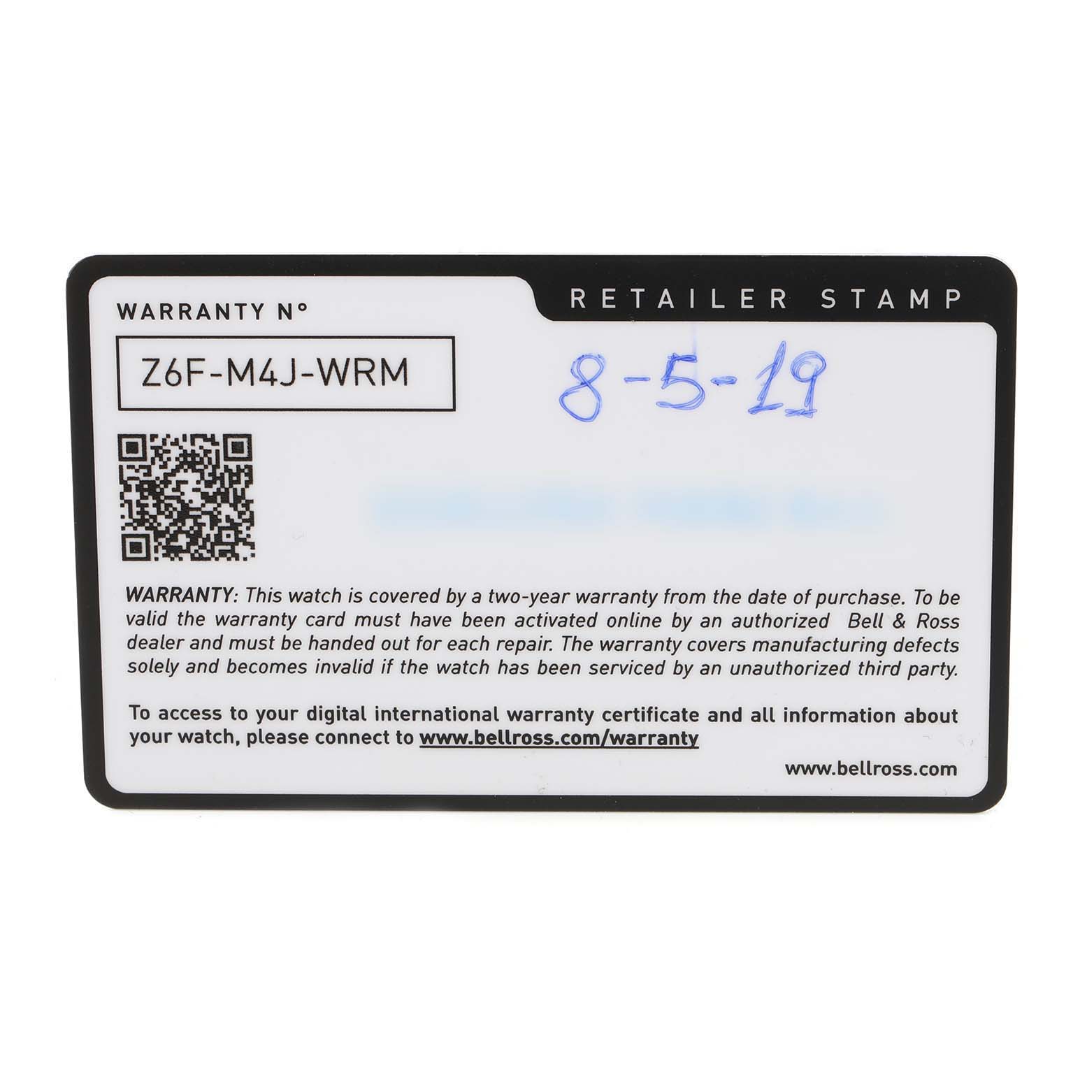 This image shows the warranty card for a Bell 
Ross Chronograph watch.