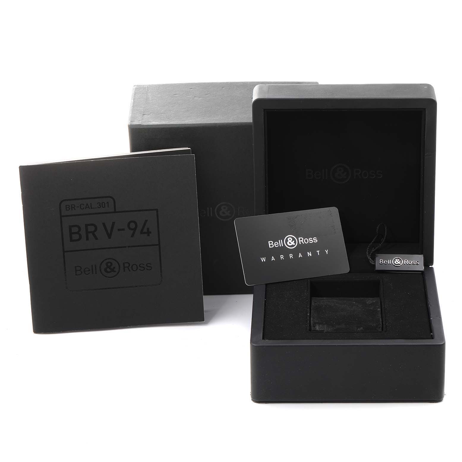 This image shows the box, warranty card, and additional packaging accessories for a Bell & Ross BRV-94 Chronograph watch.