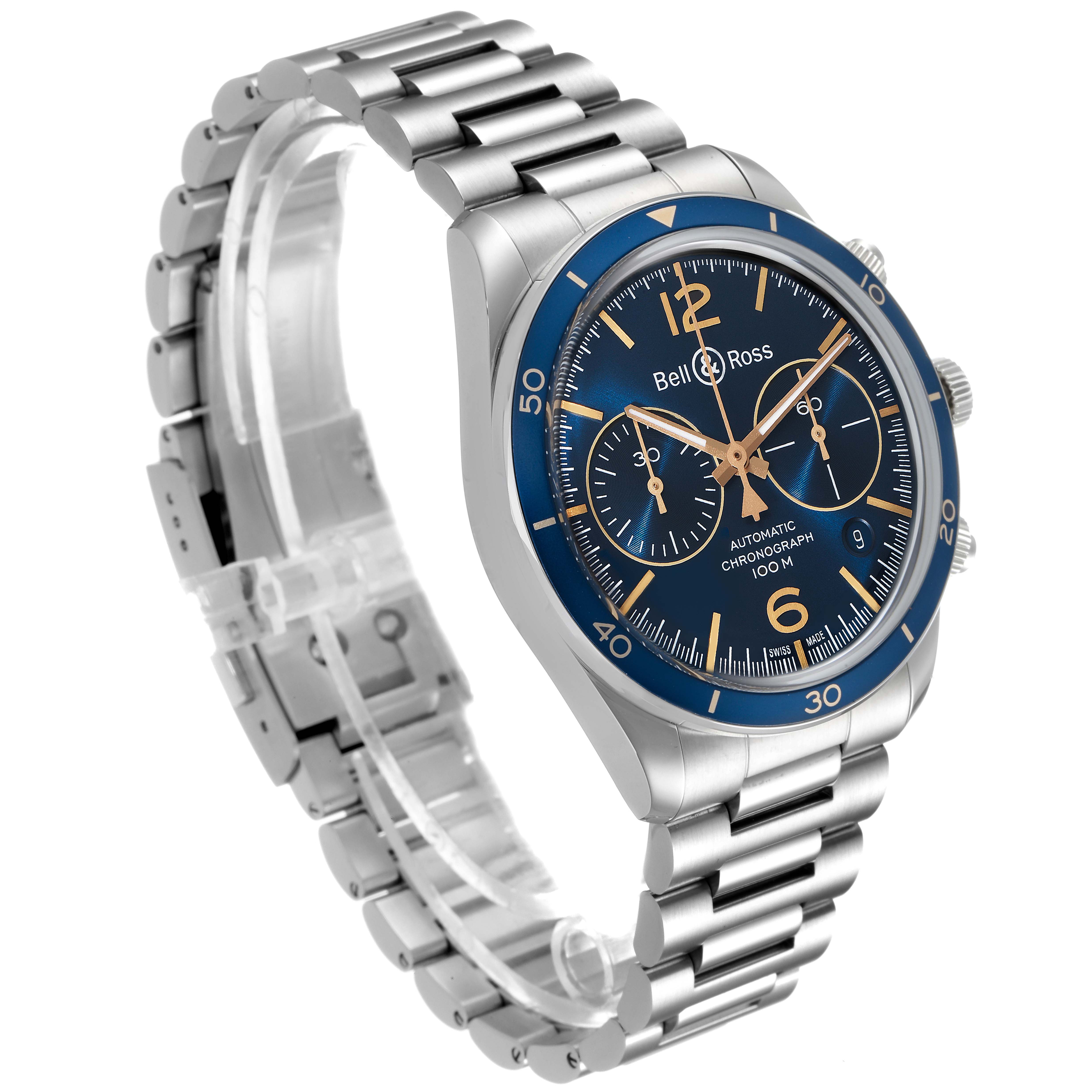 The image shows a Bell & Ross Chronograph watch at a three-quarter angle, highlighting the face, bezel, pushers, and metal bracelet.