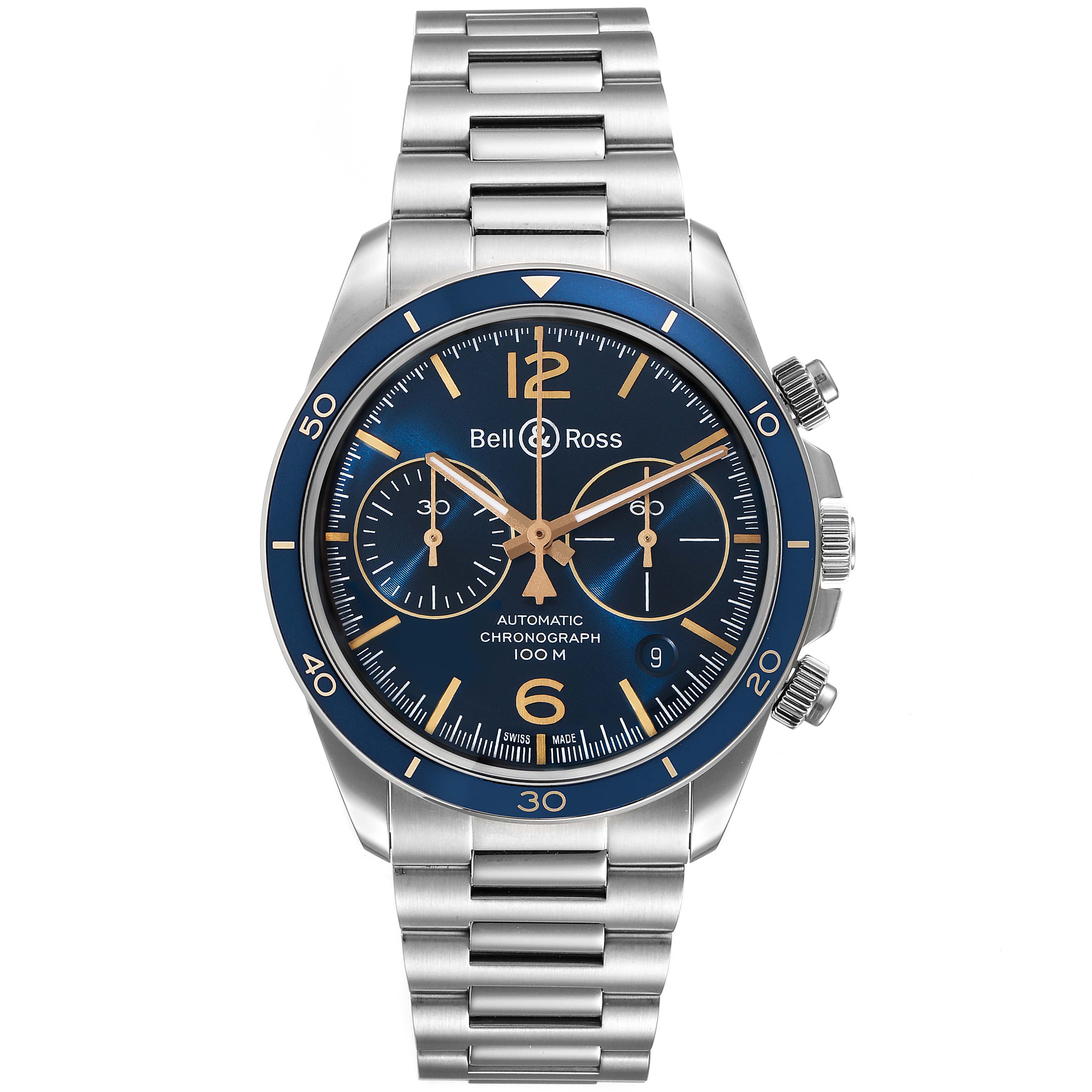 The image shows the front view of a Bell & Ross Chronograph watch with a stainless steel bracelet and blue dial.