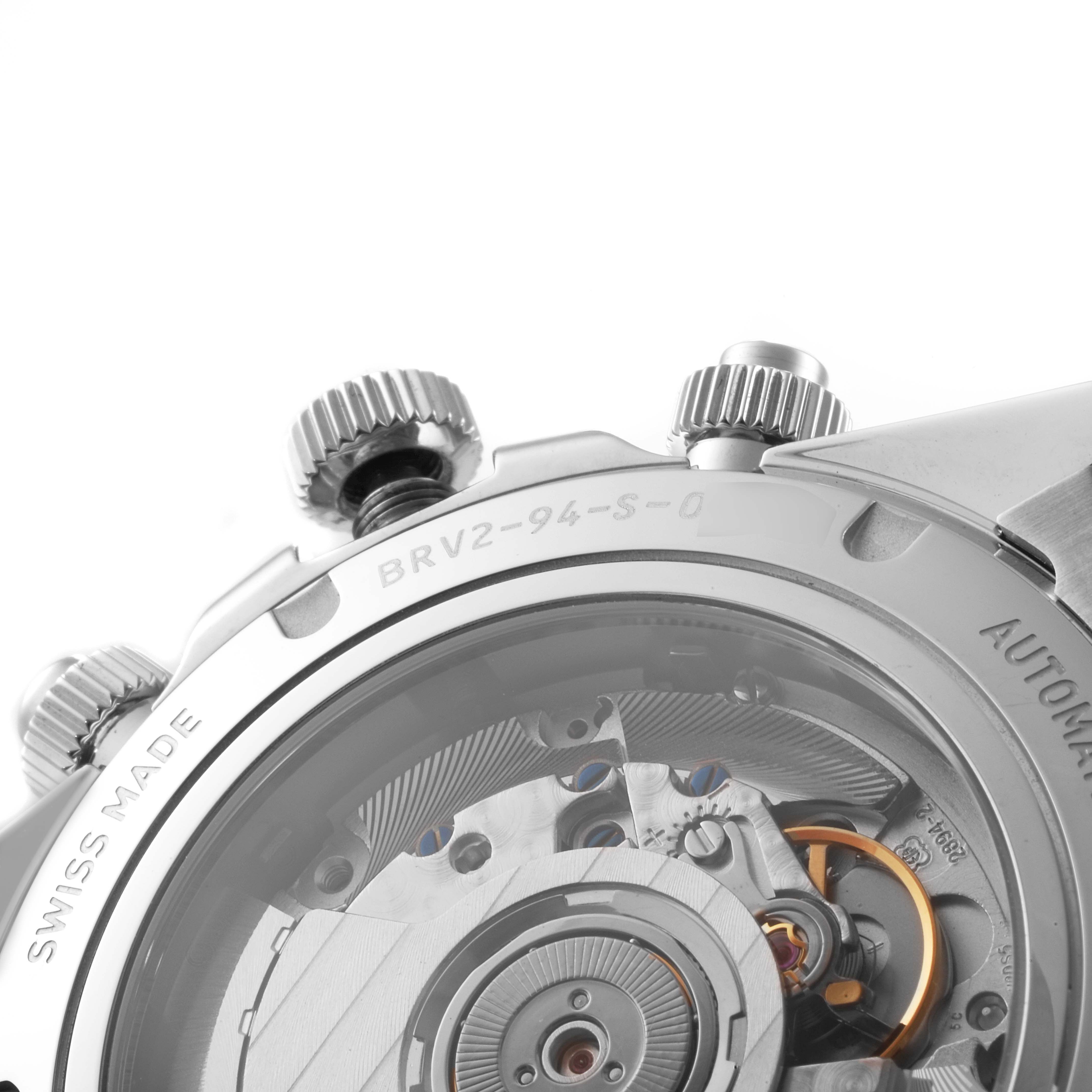 The image shows the back view of the Bell & Ross Chronograph BRV2-94-S-0 watch, highlighting the movement and crowns.