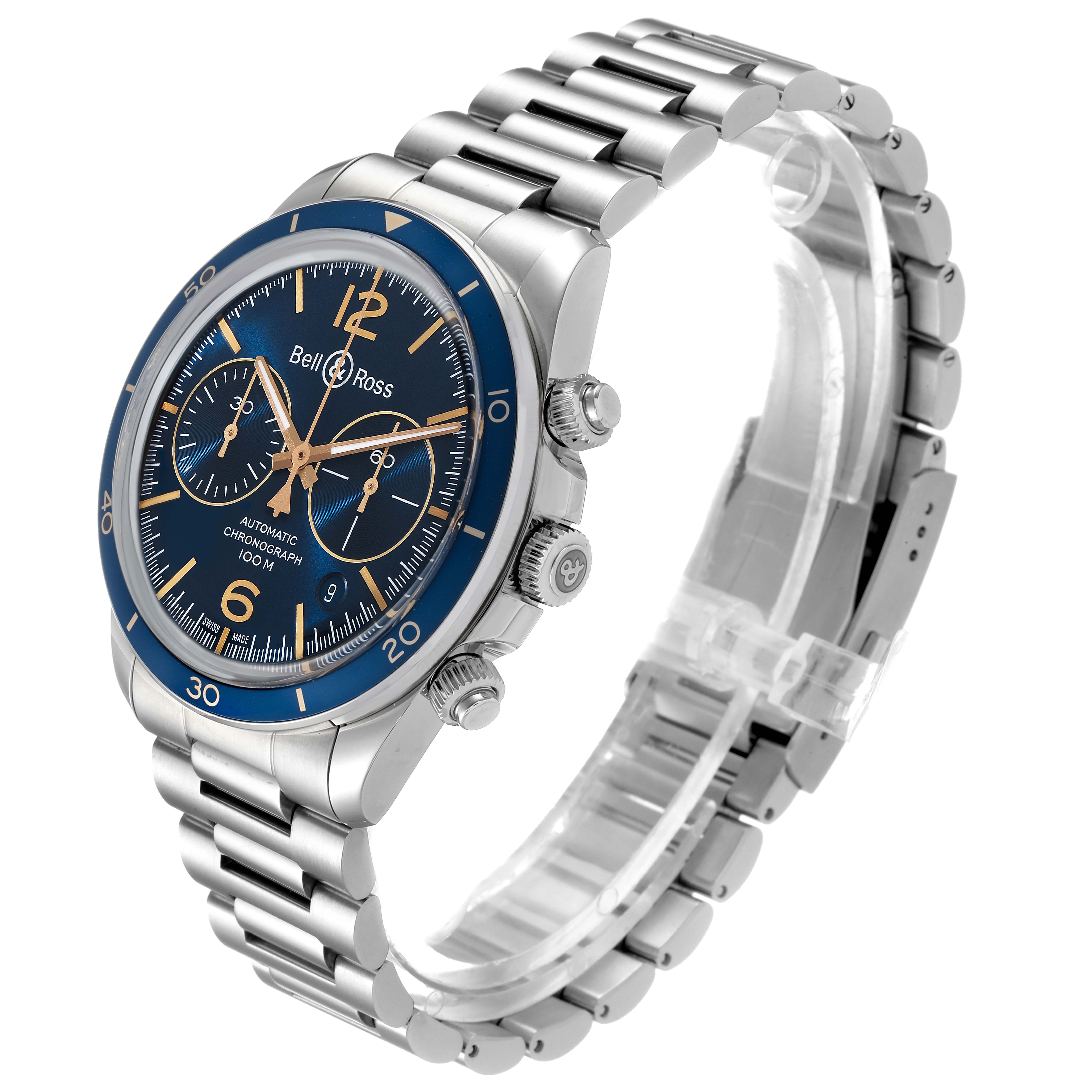The image shows the Bell & Ross Chronograph model watch at an angled perspective, highlighting the face, bezel, crown, pushers, and bracelet.