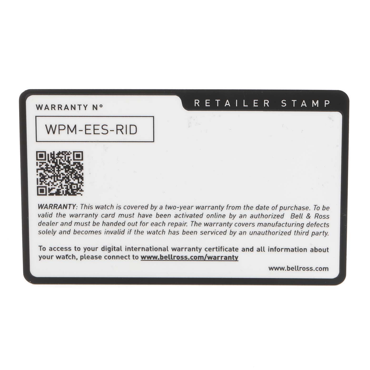 This image shows the warranty card for the Bell & Ross Chronograph model, including warranty details and a retailer stamp section.