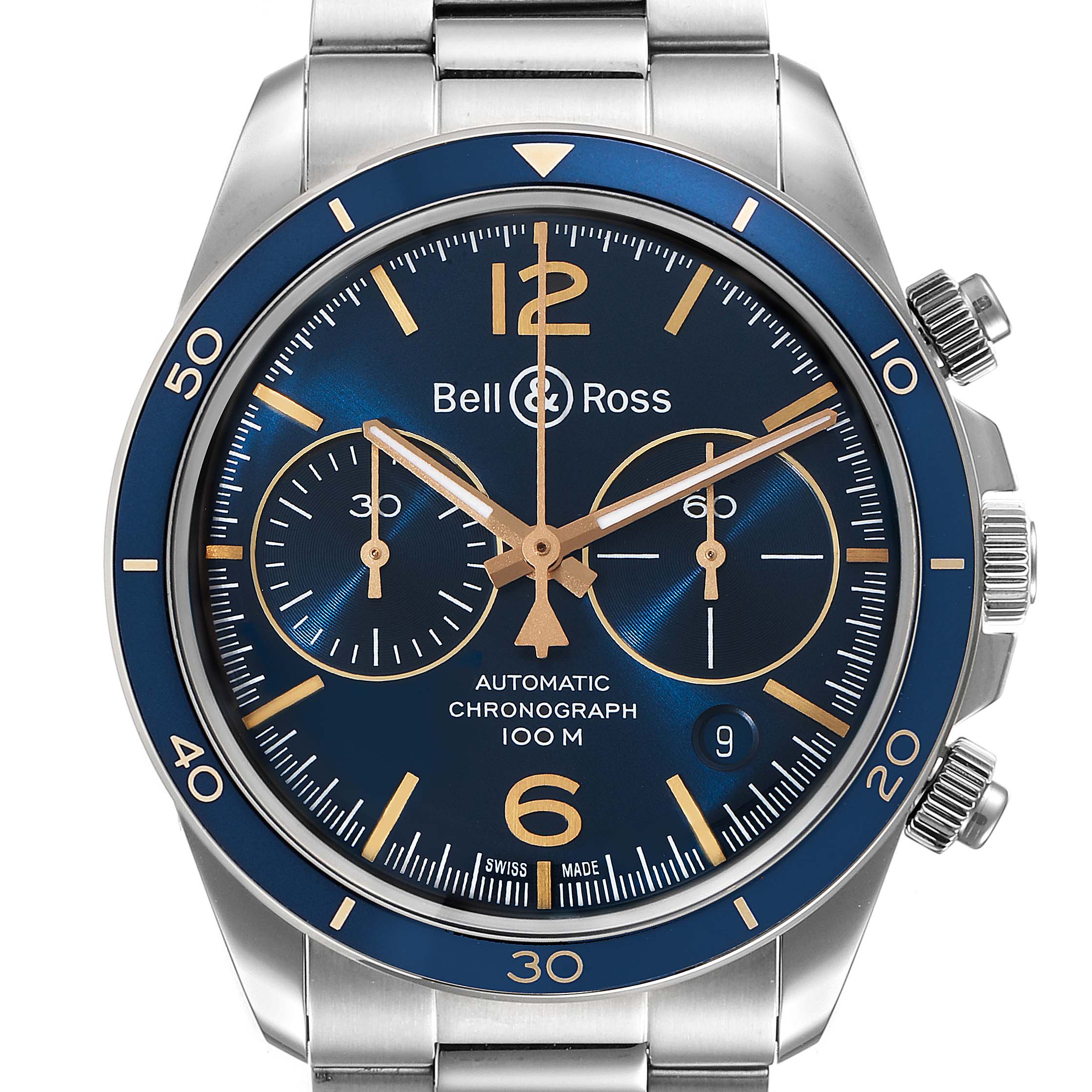 The image shows a frontal view of a Bell & Ross Heritage BRV294-BU-G-ST/SST Men's Stainless Steel Blue Dial BRV294-BU-G-ST/SST Men's Stainless Steel Blue Dial model automatic chronograph watch with a blue dial and stainless steel bracelet.