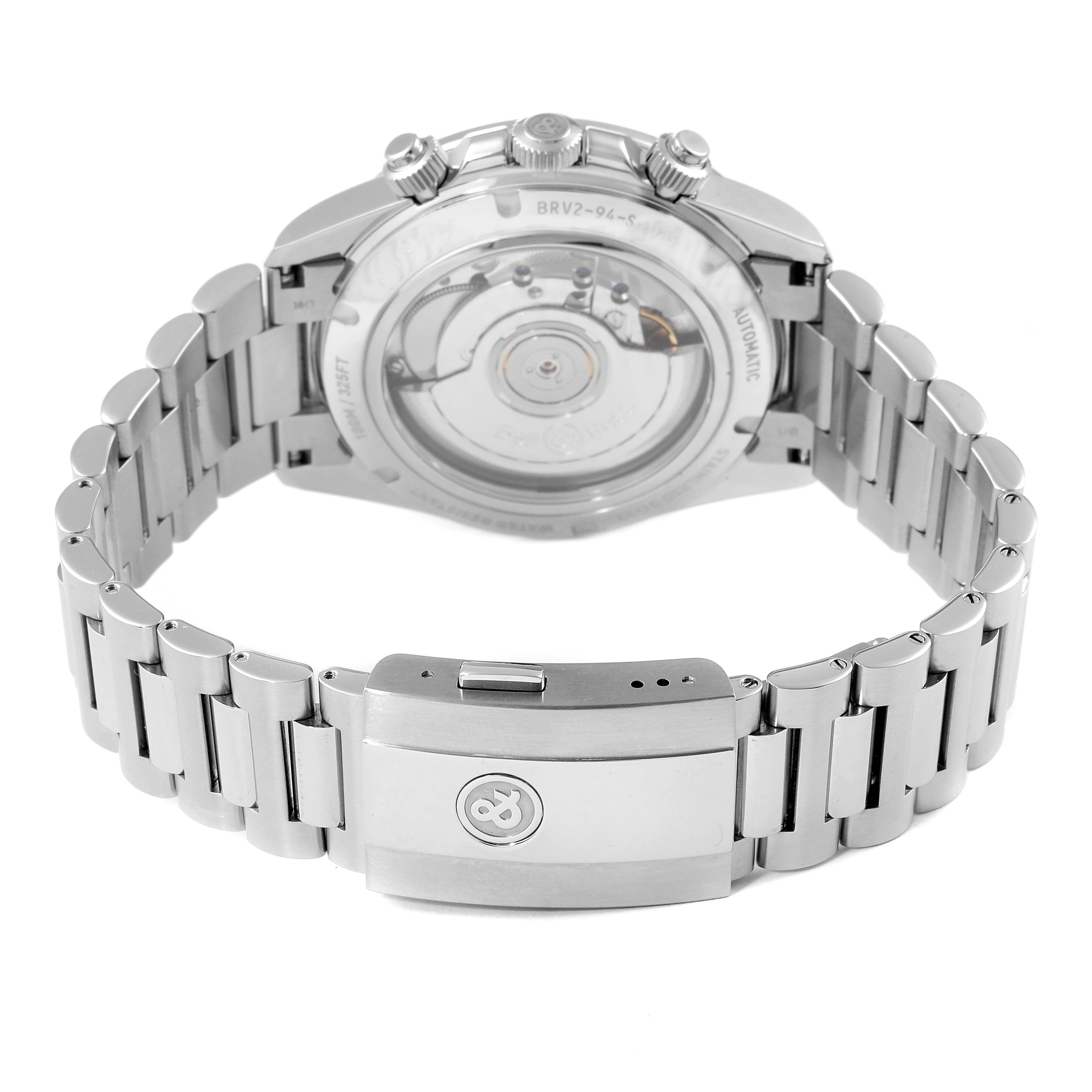 This image shows the back view of the Bell & Ross Chronograph model, highlighting the automatic movement and stainless steel bracelet.