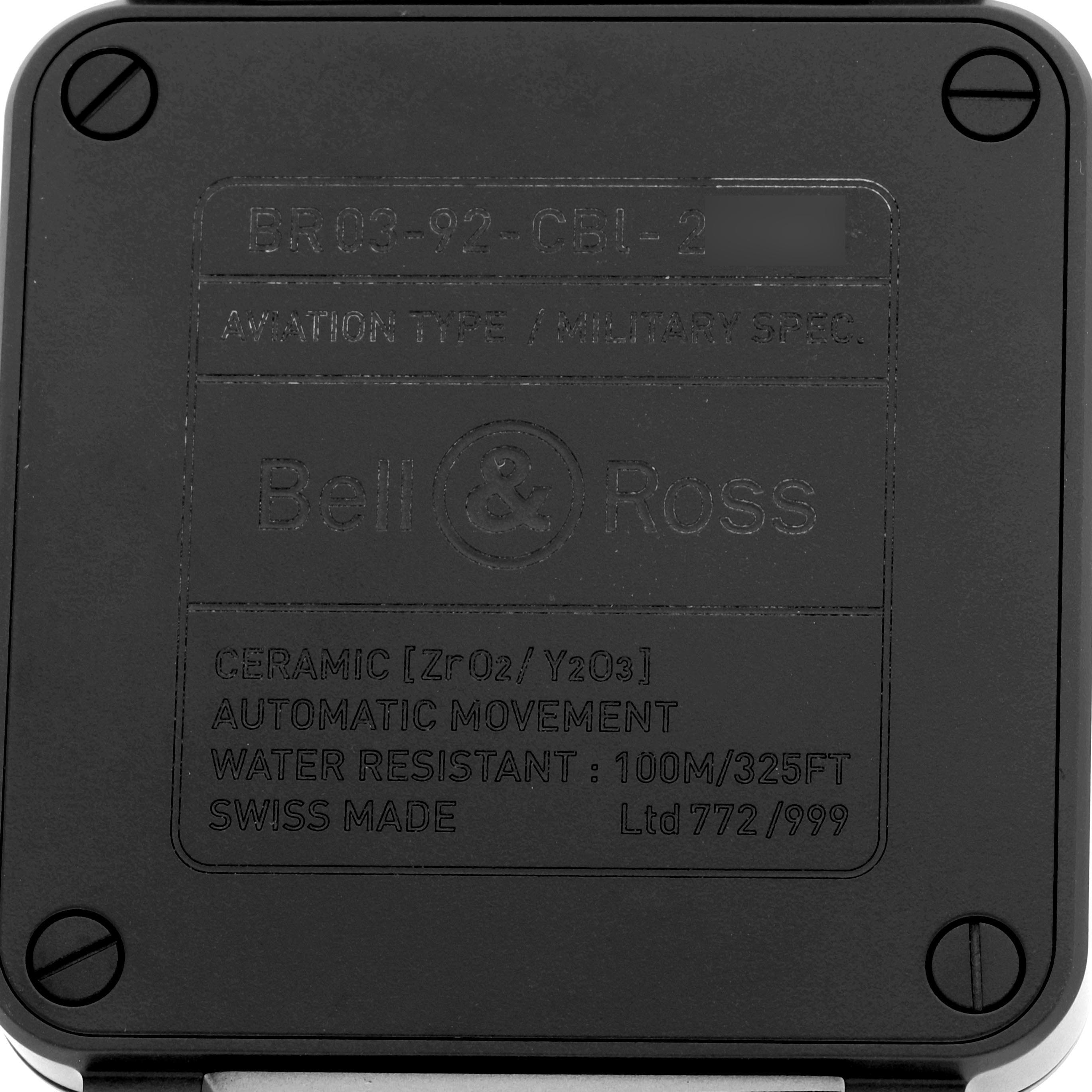 The image shows the back case of a Bell 
Ross Instruments BR0392-RRDR-CE/SRB Men
s Ceramic Black Dial BR0392-RRDR-CE/SRB Men
s Ceramic Black Dial model watch, featuring engraved specifications.