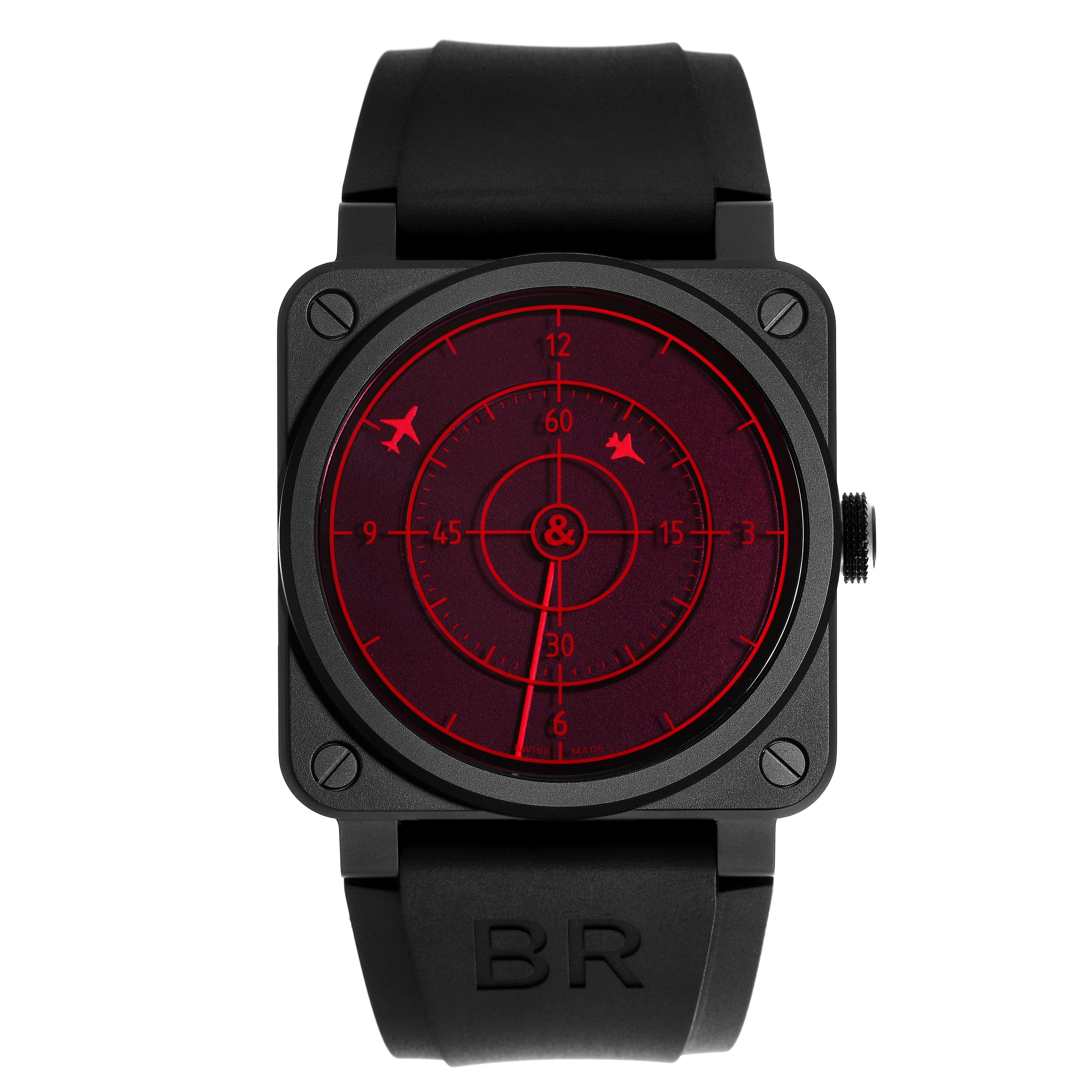 The Bell 
Ross Instruments BR0392-RRDR-CE/SRB Men
s Ceramic Black Dial BR0392-RRDR-CE/SRB Men
s Ceramic Black Dial watch is shown from a front angle, displaying its square case, circular dial, and strap.
