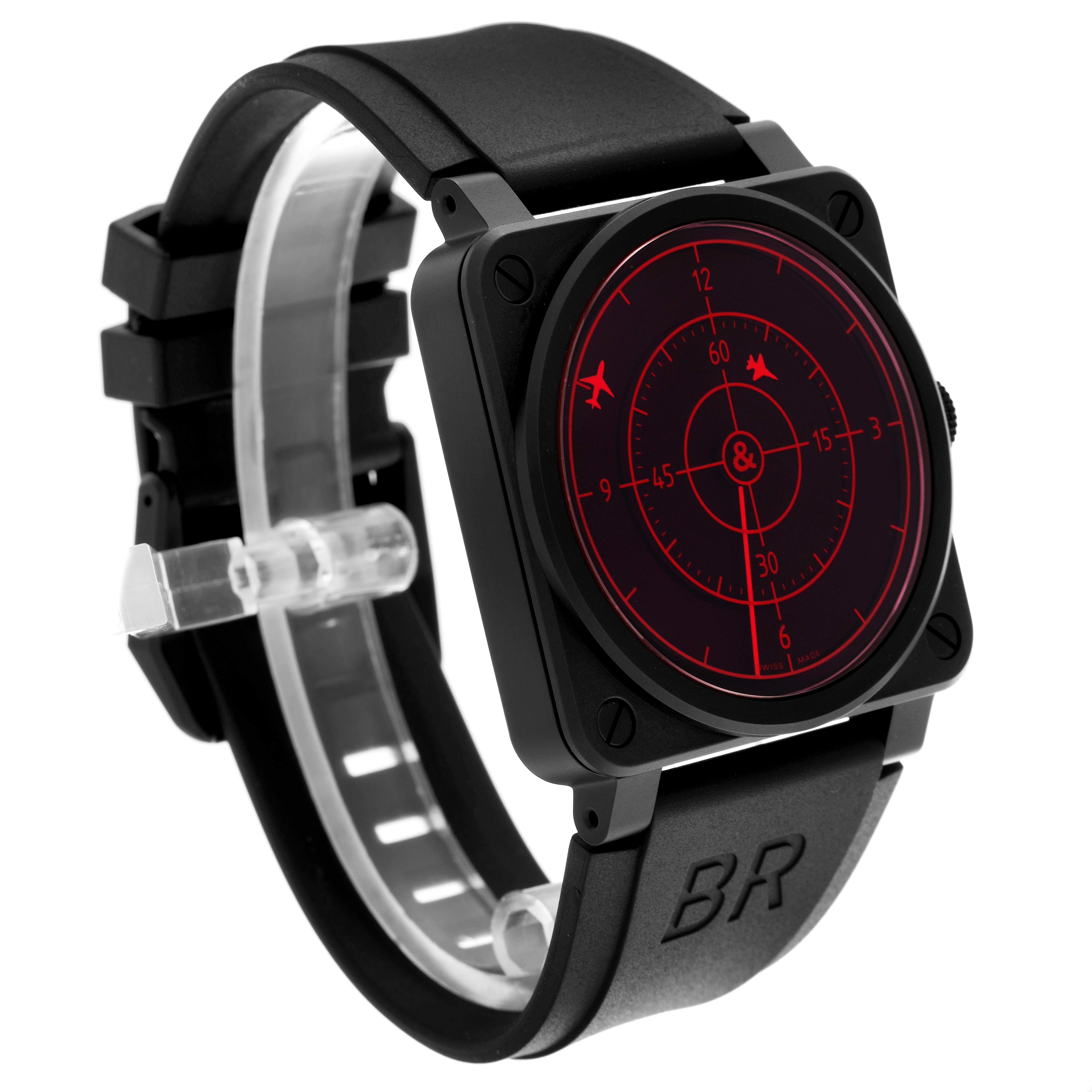 The Bell 
Ross Instruments BR0392-RRDR-CE/SRB Men
s Ceramic Black Dial BR0392-RRDR-CE/SRB Men
s Ceramic Black Dial watch is shown at a slight angle, highlighting the face, bezel, and part of the strap.