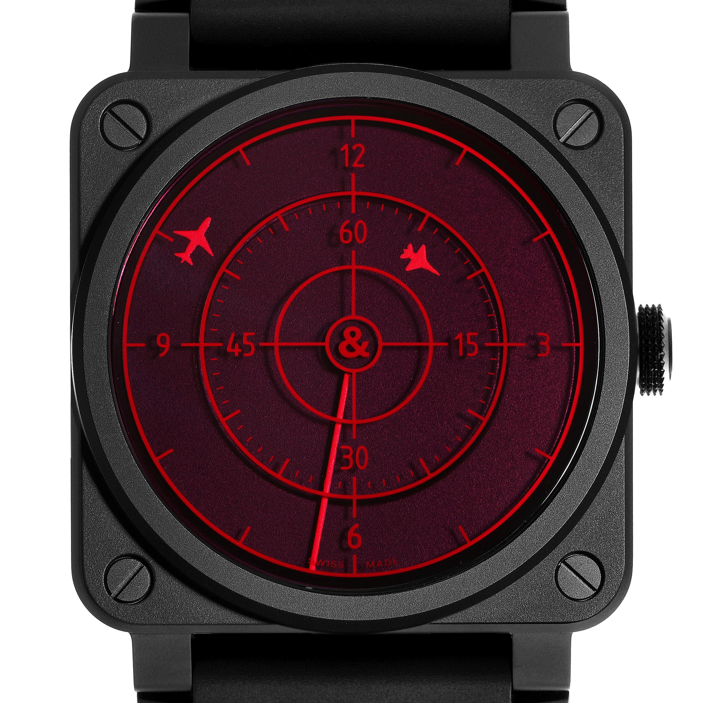 The Bell 
Ross Instruments BR0392-RRDR-CE/SRB Men
s Ceramic Black Dial BR0392-RRDR-CE/SRB Men
s Ceramic Black Dial model watch is shown from a front angle, highlighting the square case, dial, and crown.