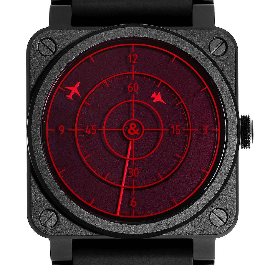 The Bell & Ross Instruments model watch is shown from a front angle, highlighting the square case, dial, and crown.