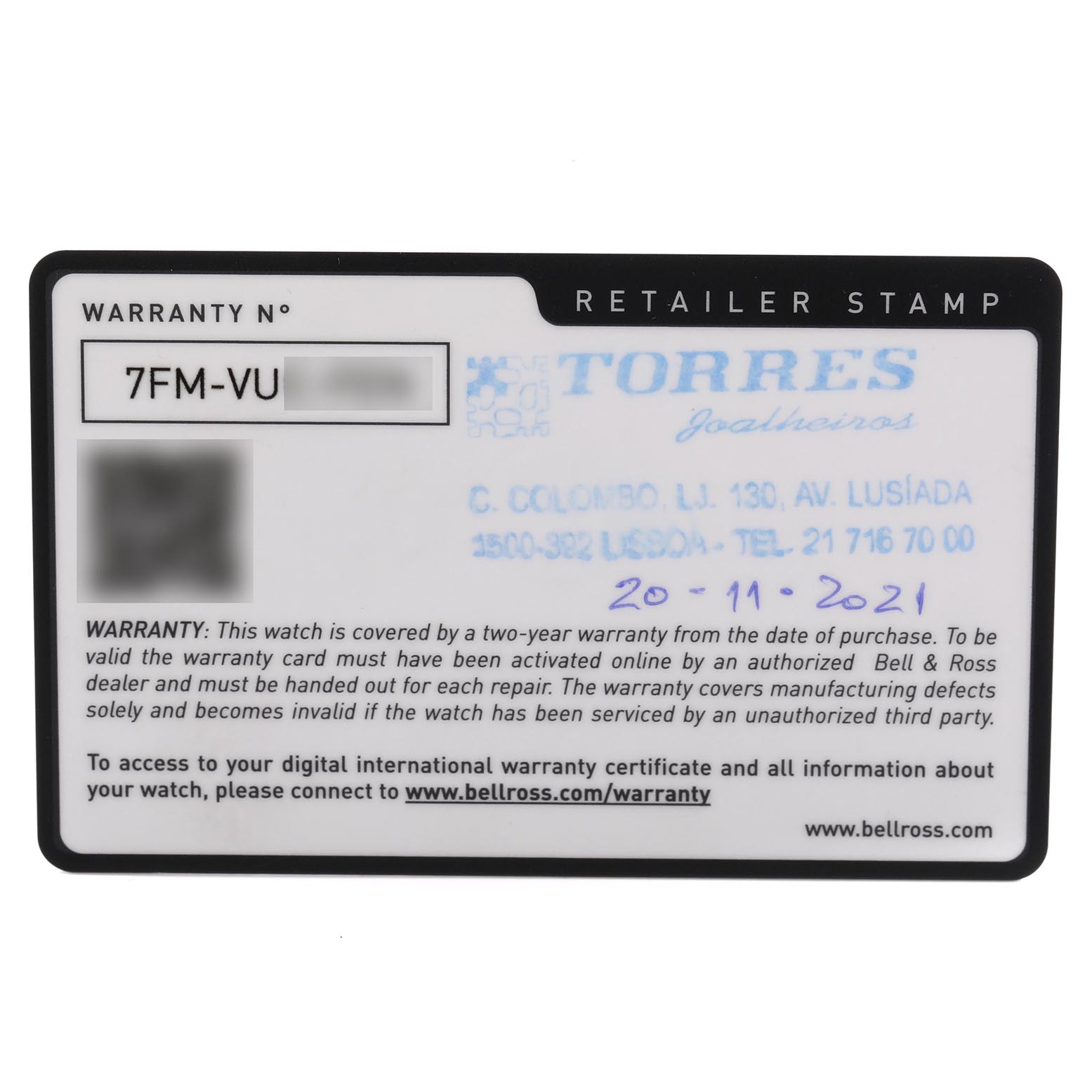 The image shows a warranty card for a Bell 
Ross Instruments BR0392-RRDR-CE/SRB Men
s Ceramic Black Dial BR0392-RRDR-CE/SRB Men
s Ceramic Black Dial model, viewed from the front.
