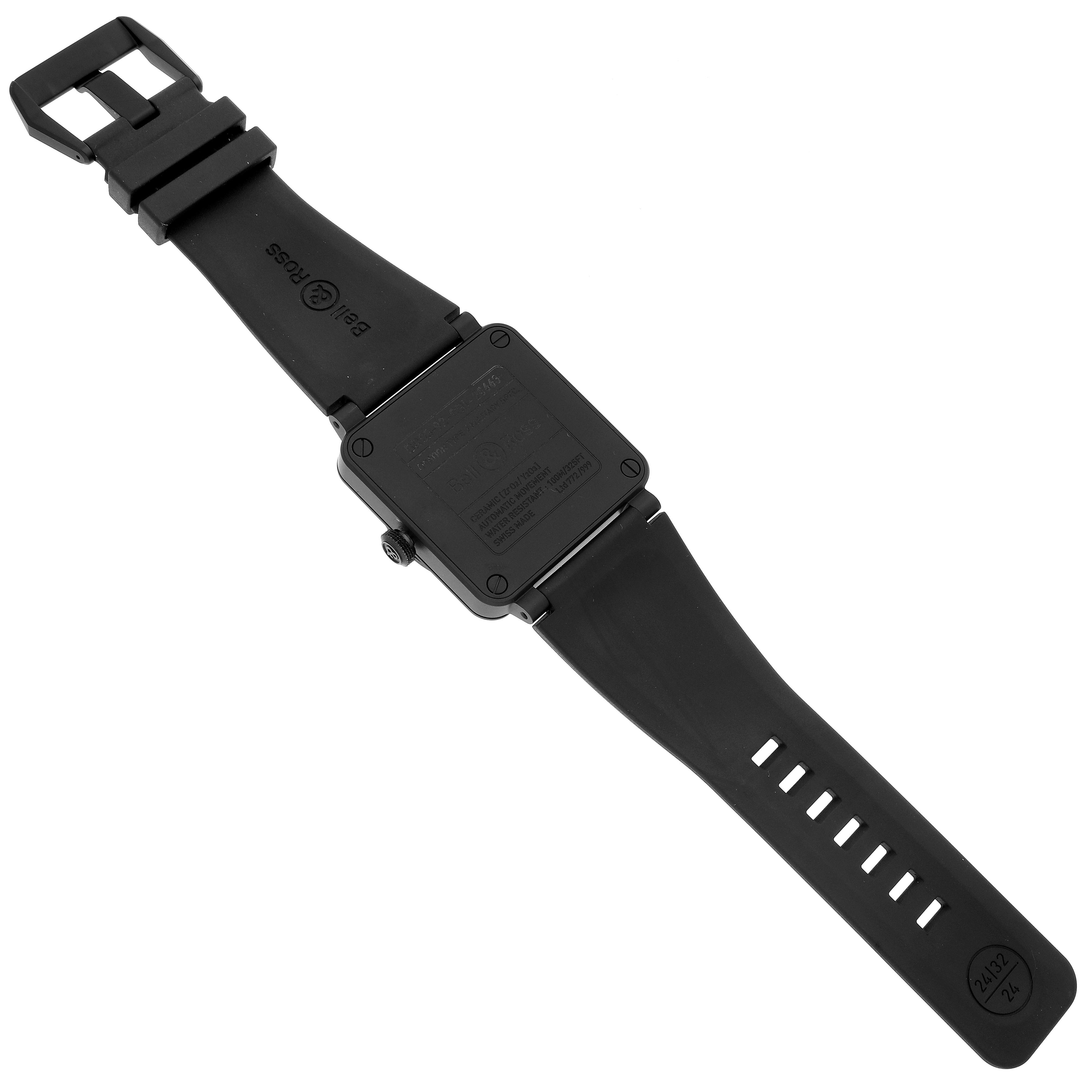 The image shows the back view of the Bell 
Ross Instruments BR0392-RRDR-CE/SRB Men
s Ceramic Black Dial BR0392-RRDR-CE/SRB Men
s Ceramic Black Dial watch, highlighting the case back and strap with buckle.