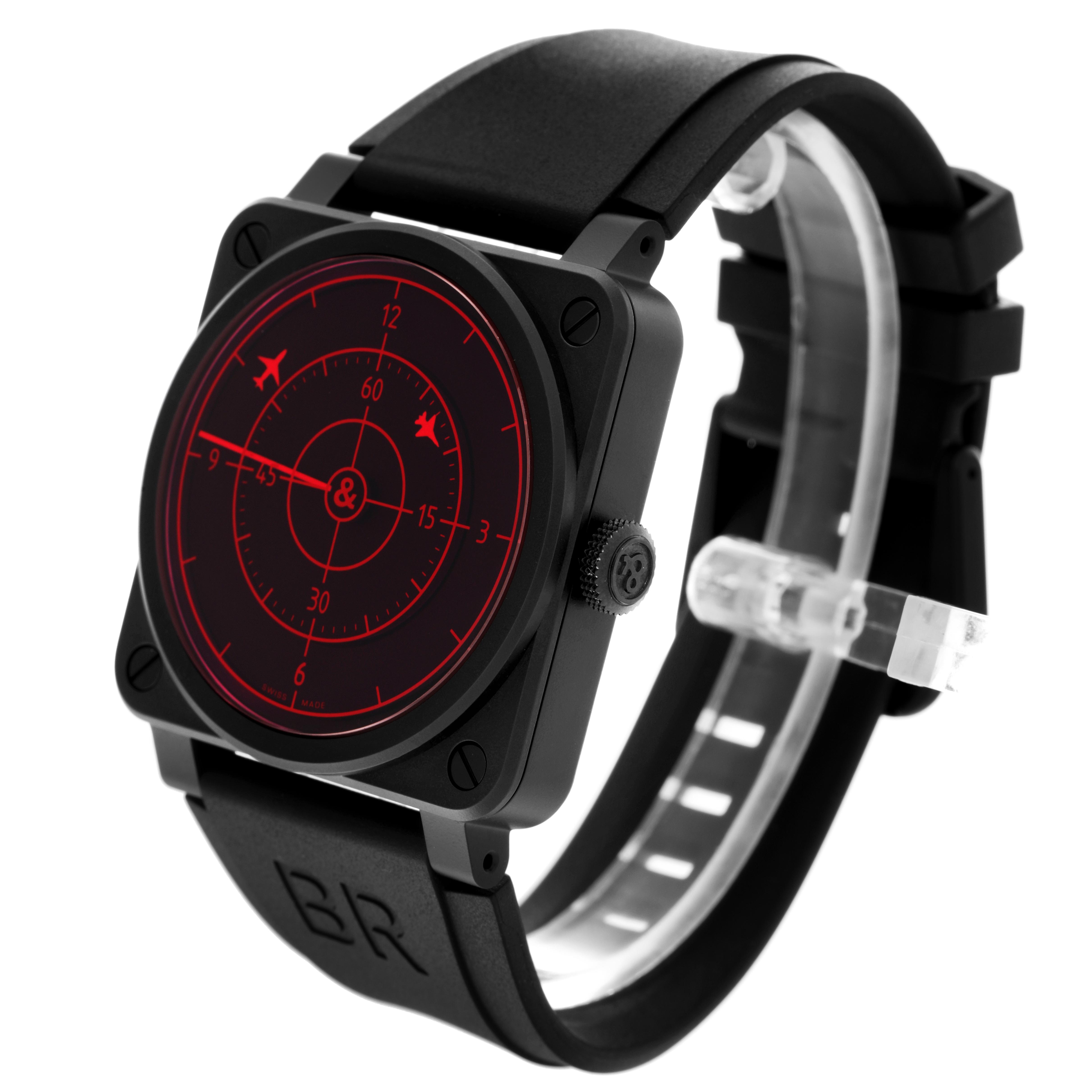 The Bell 
Ross Instruments BR0392-RRDR-CE/SRB Men
s Ceramic Black Dial BR0392-RRDR-CE/SRB Men
s Ceramic Black Dial model is shown at a three-quarter angle, highlighting the face, bezel, crown, and strap.