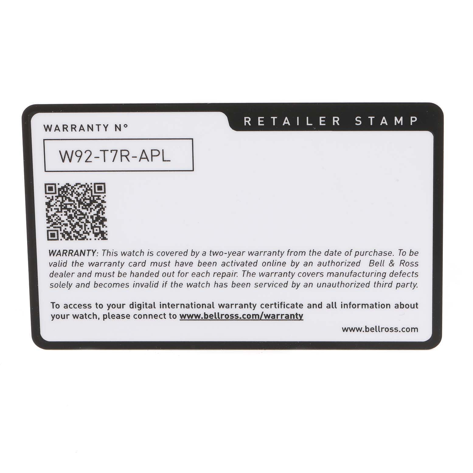 This image shows a warranty card for a Bell & Ross Vintage model watch, detailing the warranty information and a QR code.