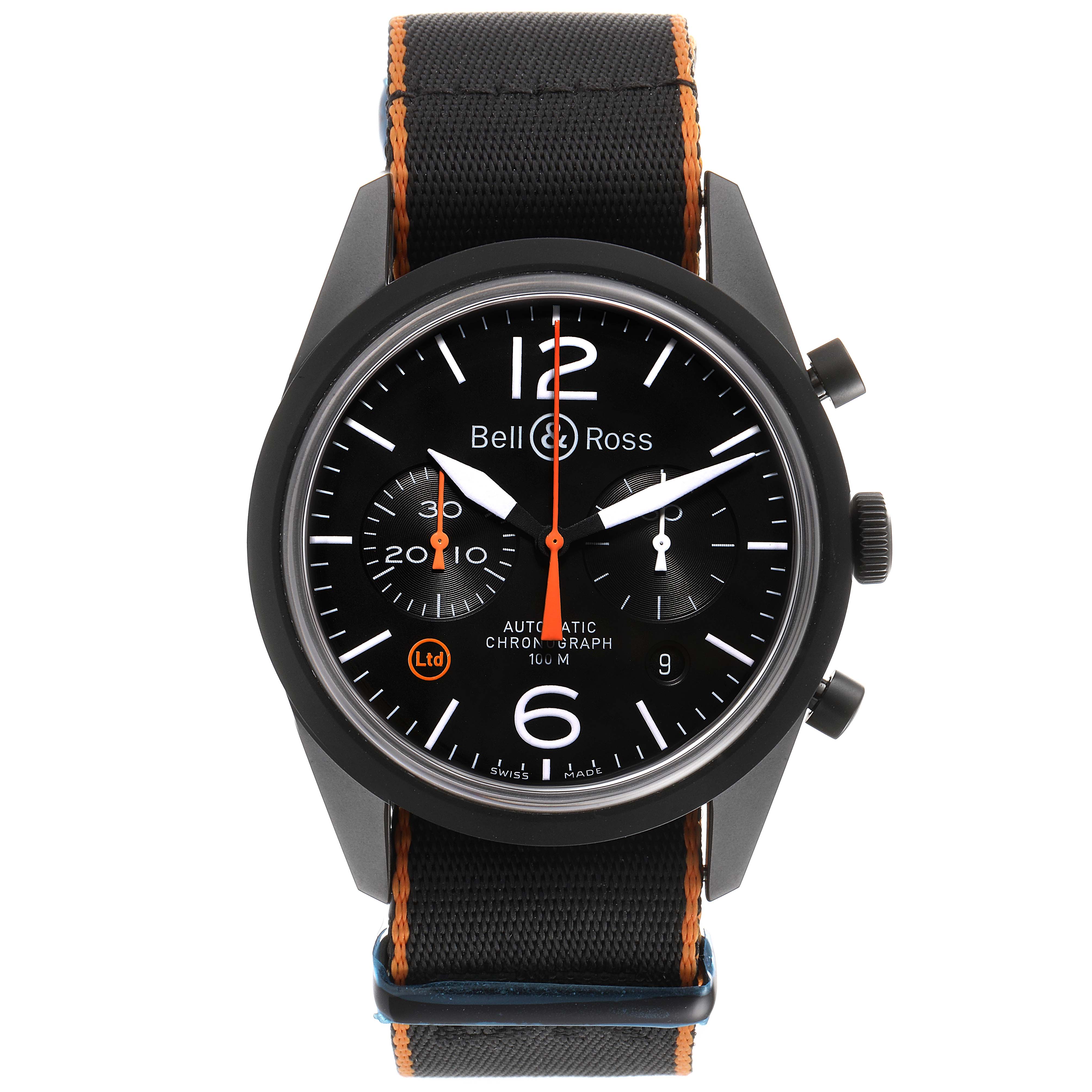 The image shows a front view of the Bell & Ross Vintage model watch, highlighting the black dial, chronograph sub-dials, and strap with orange stitching.