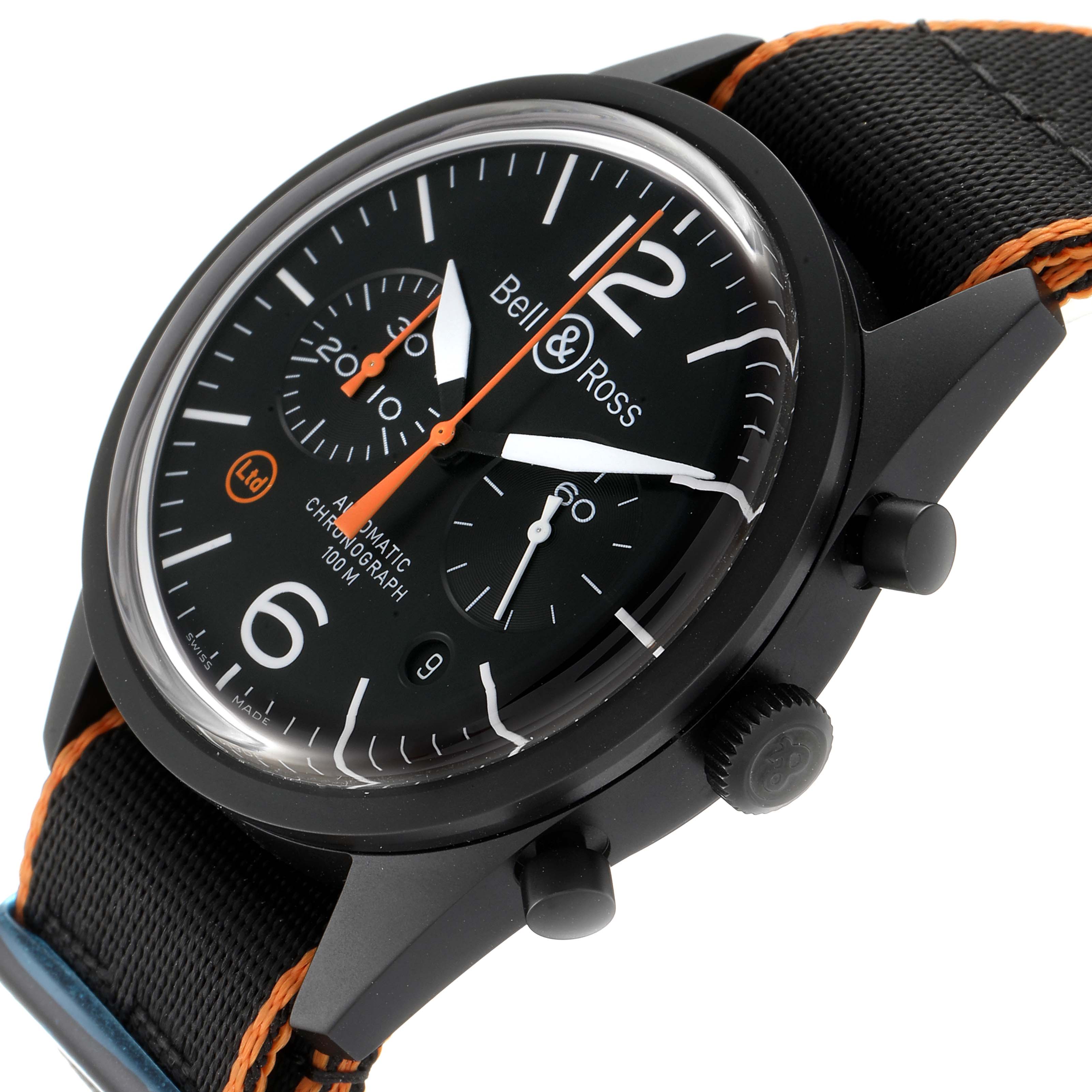 The image shows a close-up side angle of the Bell & Ross Vintage model, highlighting the face, case, and strap.