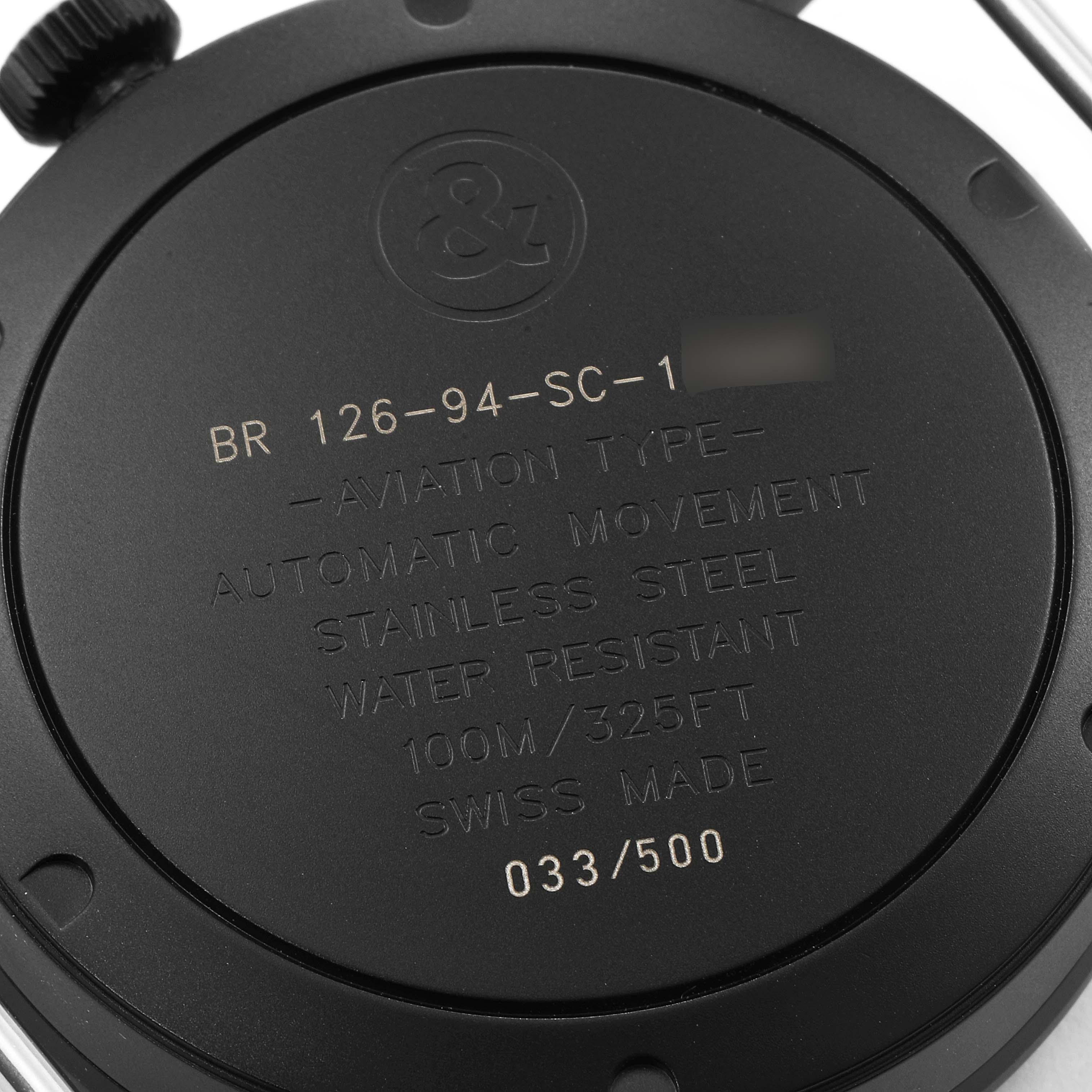 The image shows the back case of a Bell & Ross Vintage model watch, displaying specifications and limited edition number.