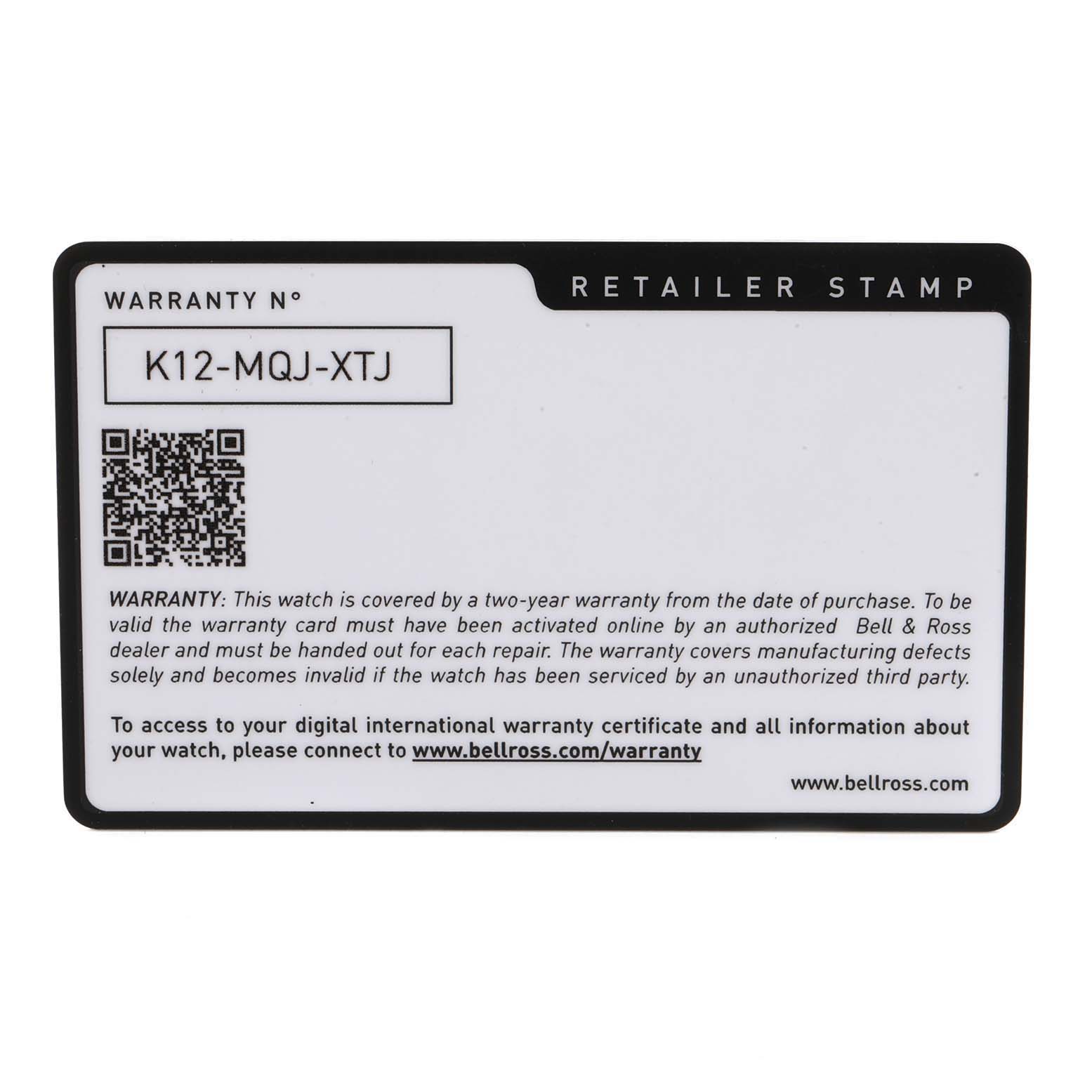 The image shows a warranty card for the Vintage model by Bell & Ross, featuring a warranty number, QR code, and retailer stamp section.