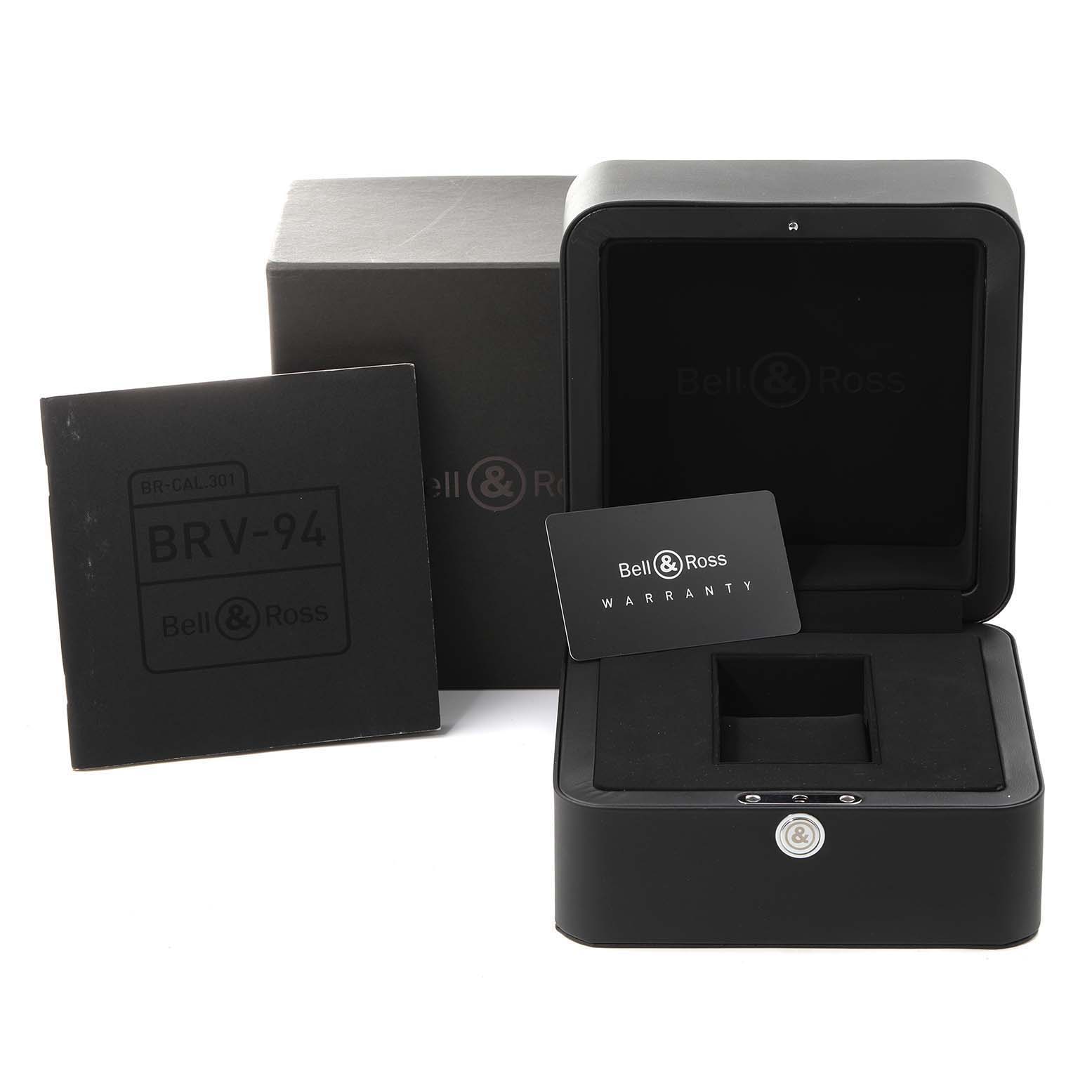 This image shows the packaging, box, and warranty card for the Vintage BRV-94 model by Bell & Ross.