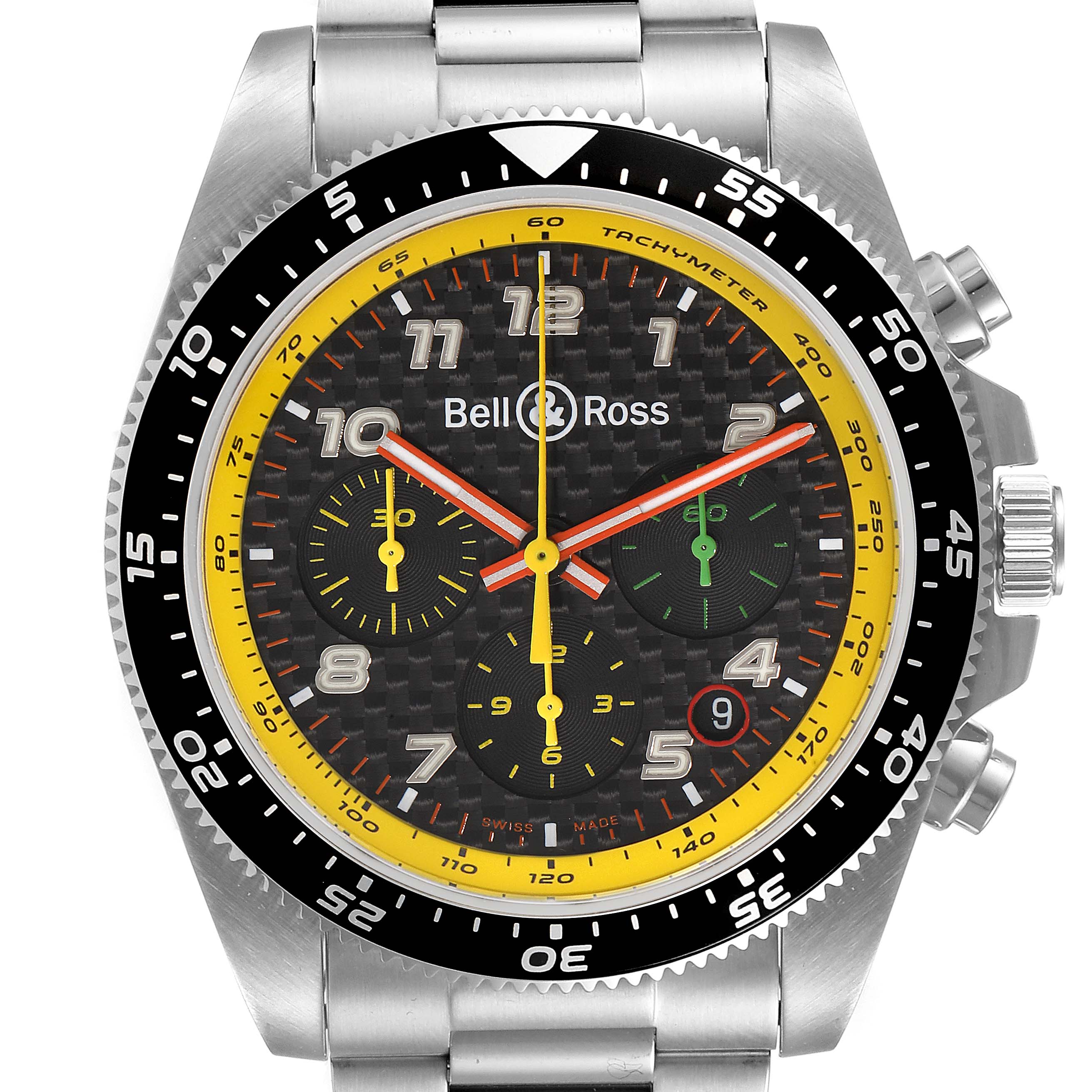 The image shows a front view of a Bell & Ross Vintage BRV394-RS19/SCA Men's Stainless Steel Black Dial BRV394-RS19/SCA Men's Stainless Steel Black Dial model watch, highlighting its bezel, dial, subdials, hands, and bracelet.