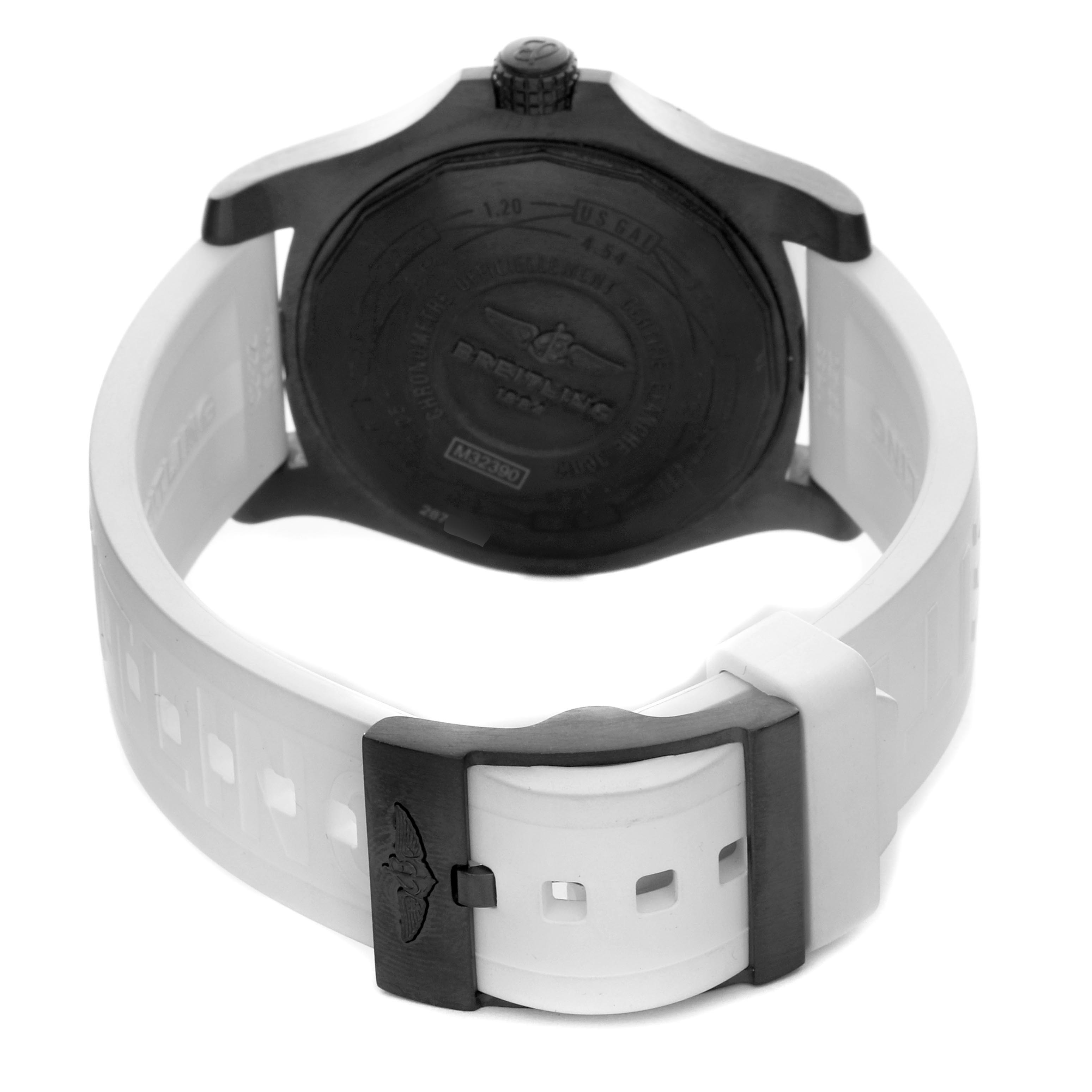 The image shows the back case and white strap of a Breitling Avenger M3239010/BF04 Men's Stainless Steel Black Dial M3239010/BF04 Men's Stainless Steel Black Dial watch, highlighting the clasp and caseback details.