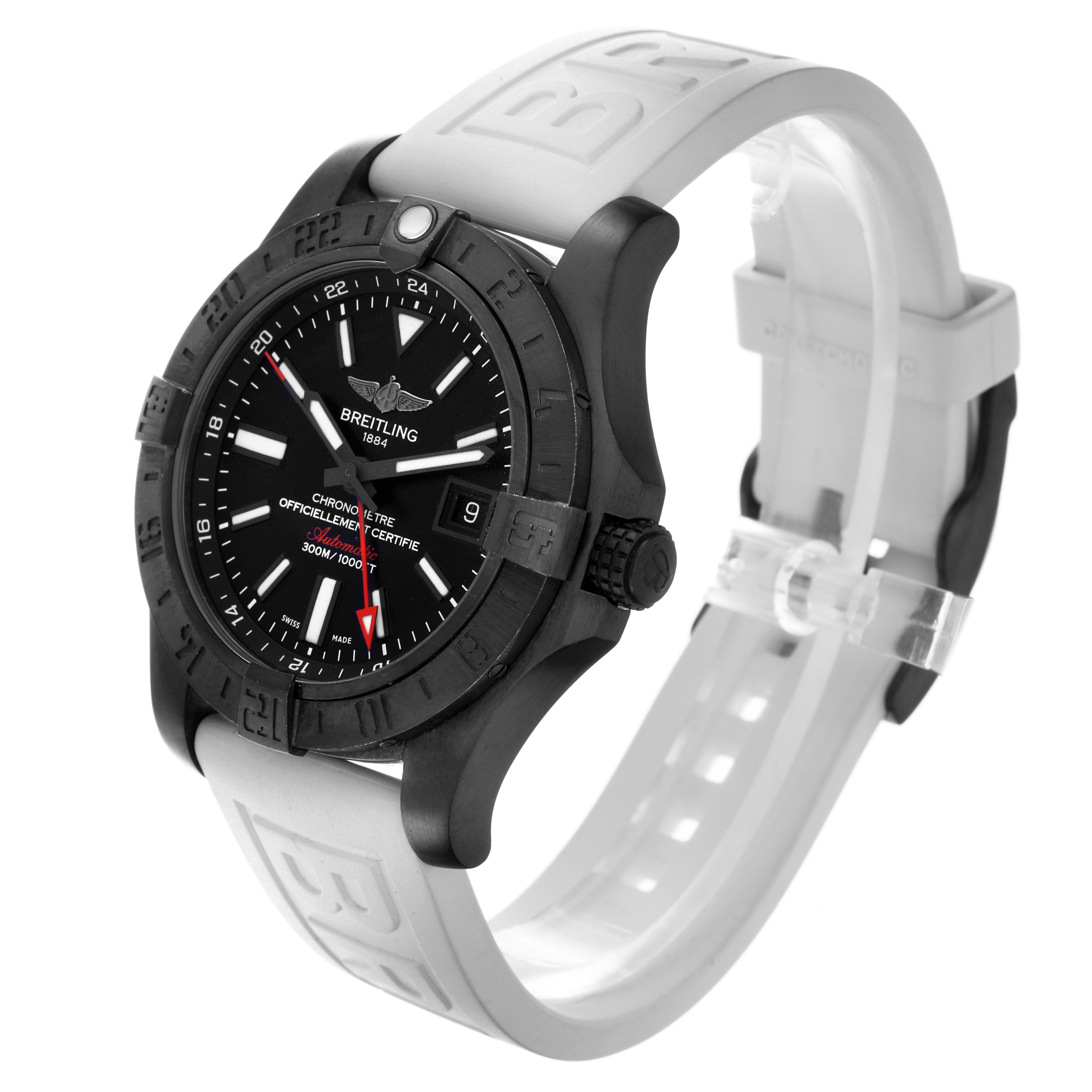 The Breitling Avenger M3239010/BF04 Men's Stainless Steel Black Dial M3239010/BF04 Men's Stainless Steel Black Dial watch is shown at an angled front view, highlighting the black face, bezel, and rubber strap.