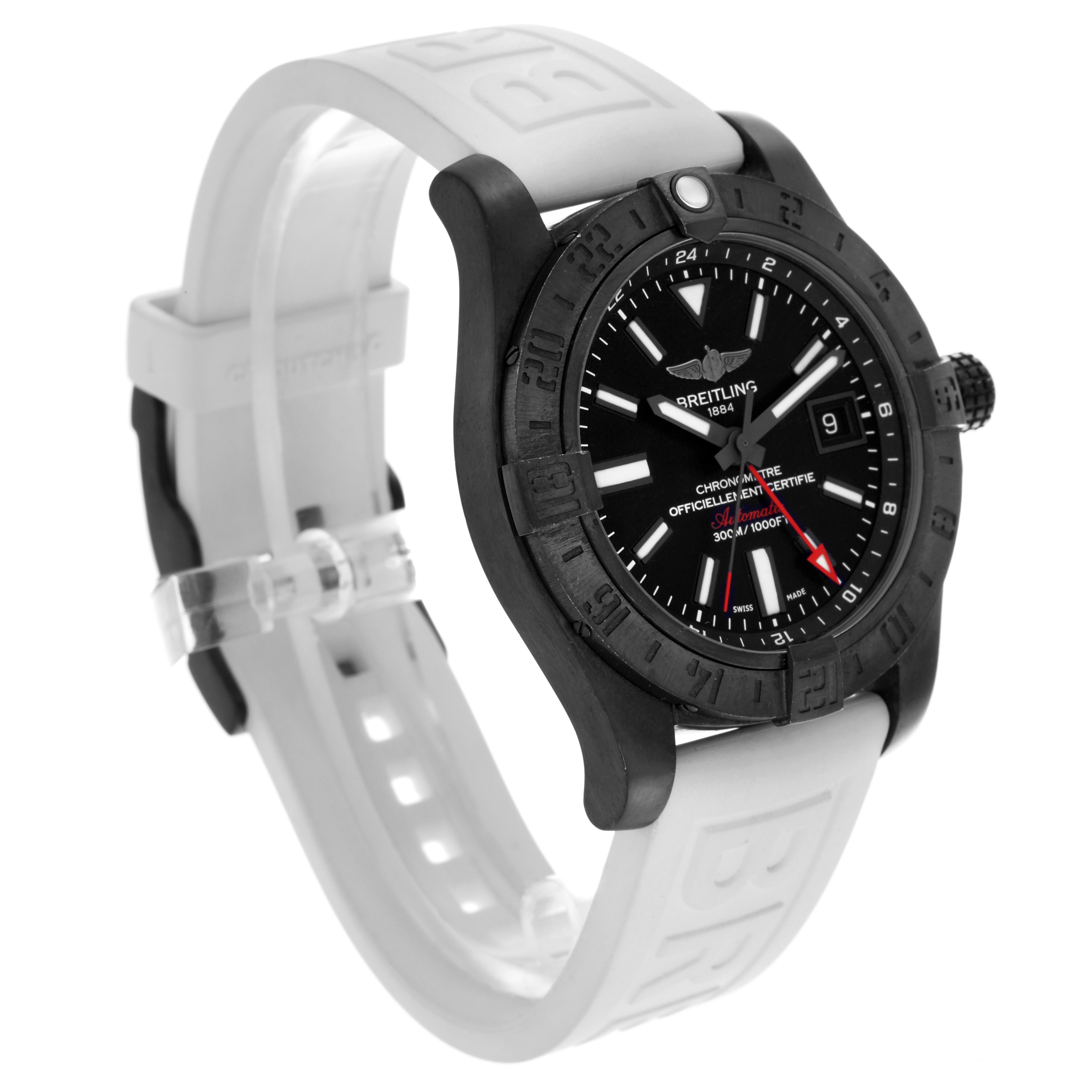 The Breitling Avenger M3239010/BF04 Men's Stainless Steel Black Dial M3239010/BF04 Men's Stainless Steel Black Dial watch is shown at a three-quarter angle, highlighting the dial, bezel, crown, and white strap.