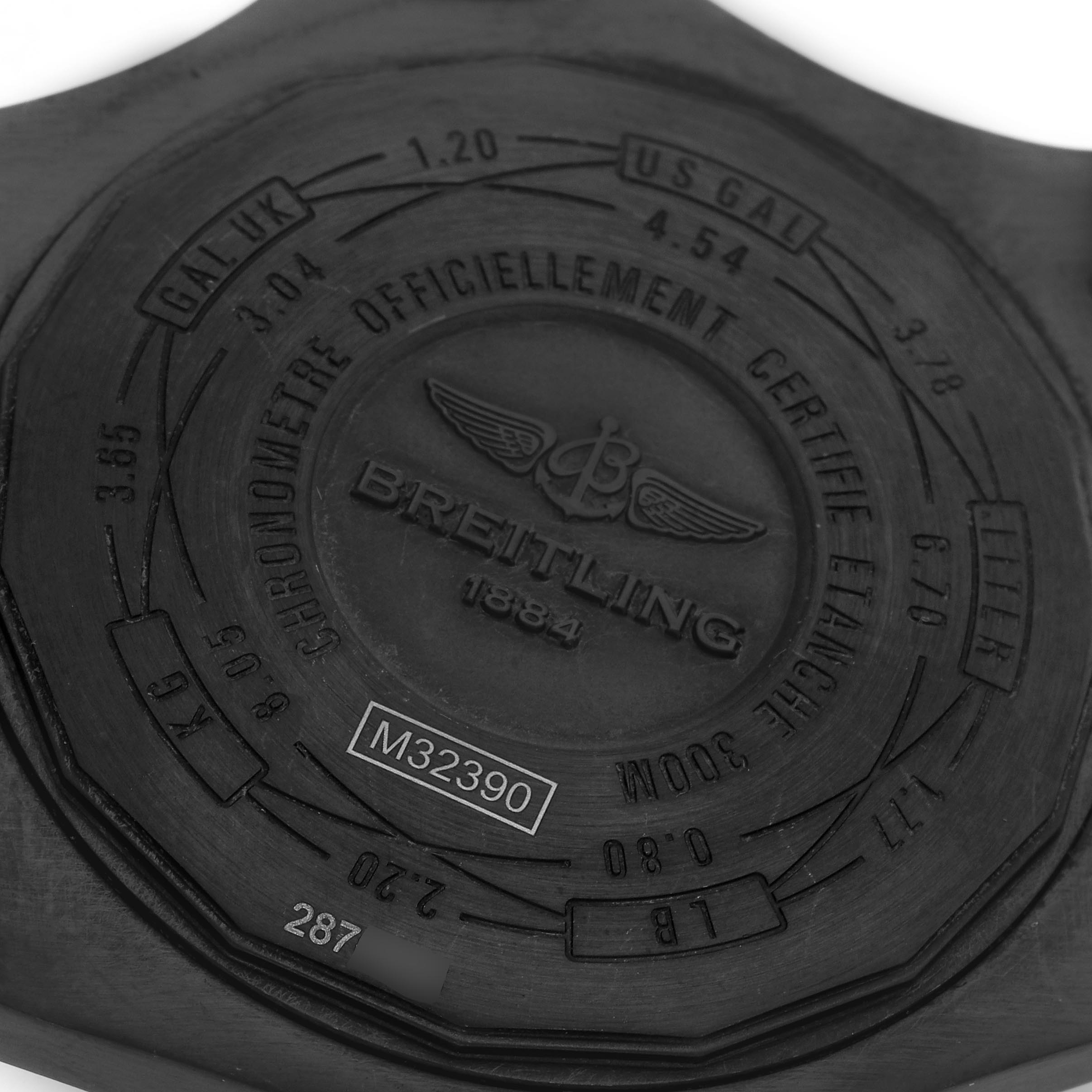 The image shows the back case of the Breitling Avenger M3239010/BF04 Men's Stainless Steel Black Dial M3239010/BF04 Men's Stainless Steel Black Dial watch with brand markings and model details.