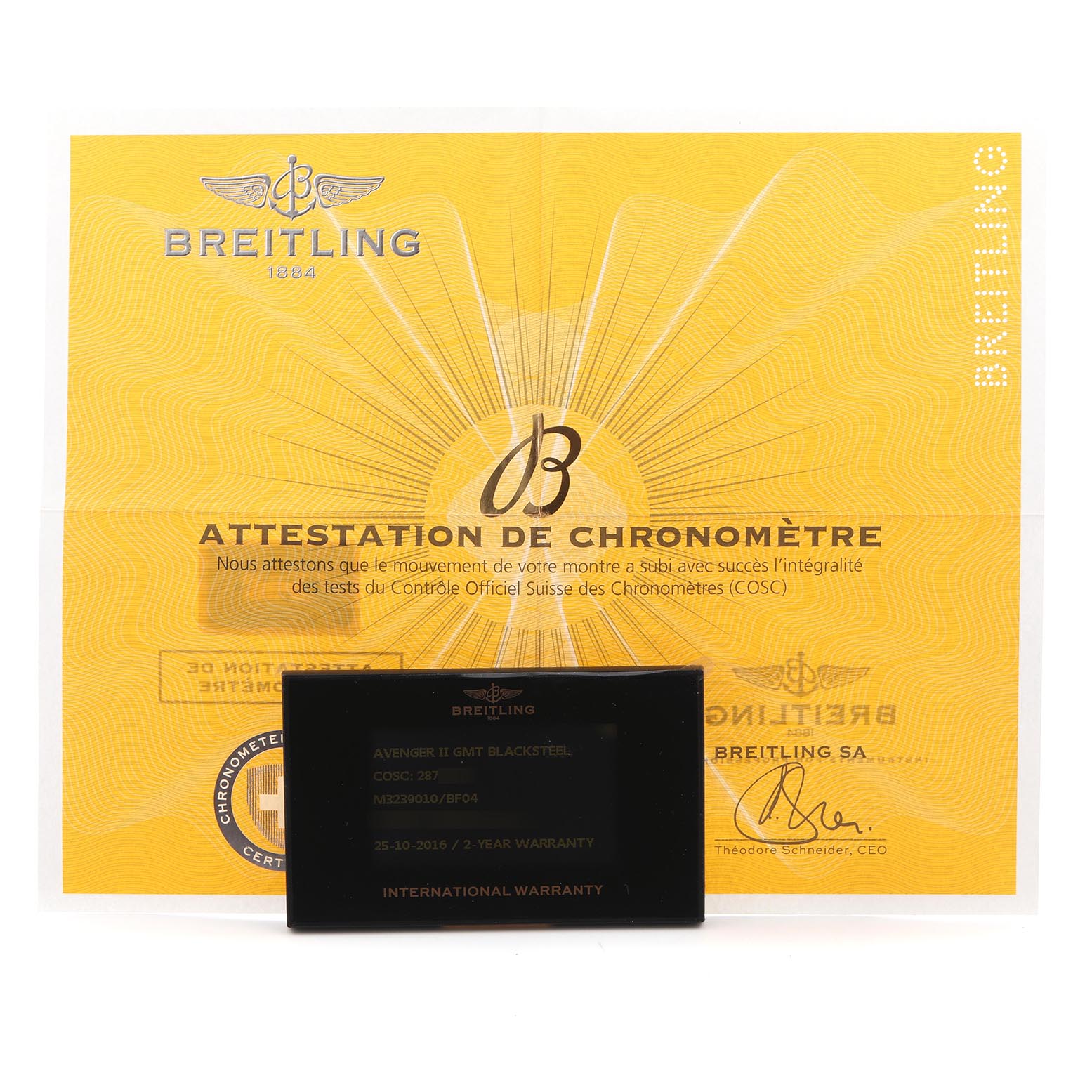 The image features a Breitling Avenger M3239010/BF04 Men's Stainless Steel Black Dial M3239010/BF04 Men's Stainless Steel Black Dial model's chronometer certificate and international warranty card.