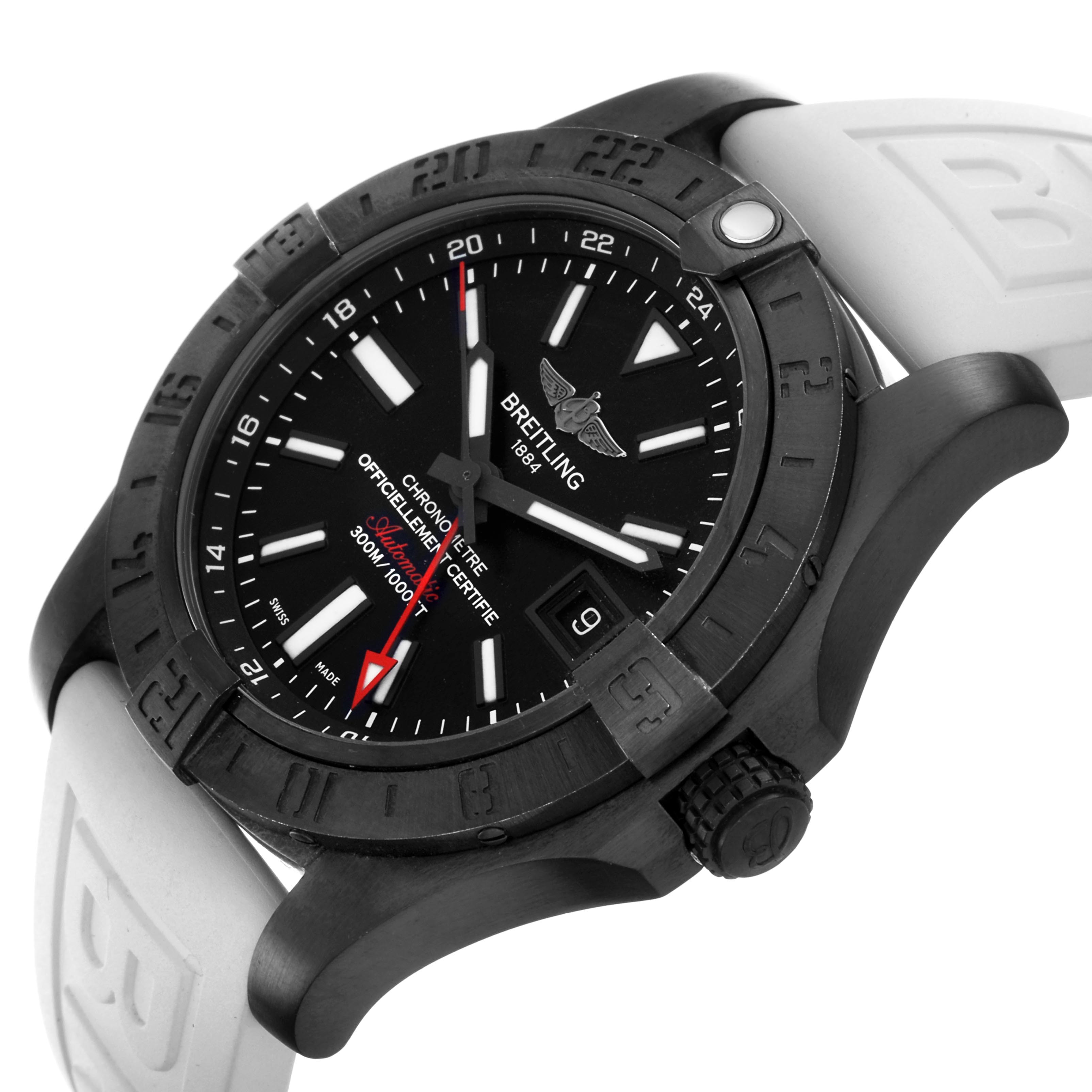 The Breitling Avenger M3239010/BF04 Men's Stainless Steel Black Dial M3239010/BF04 Men's Stainless Steel Black Dial watch is shown at an angled front view, highlighting the black dial, bezel, crown, and part of the white strap.